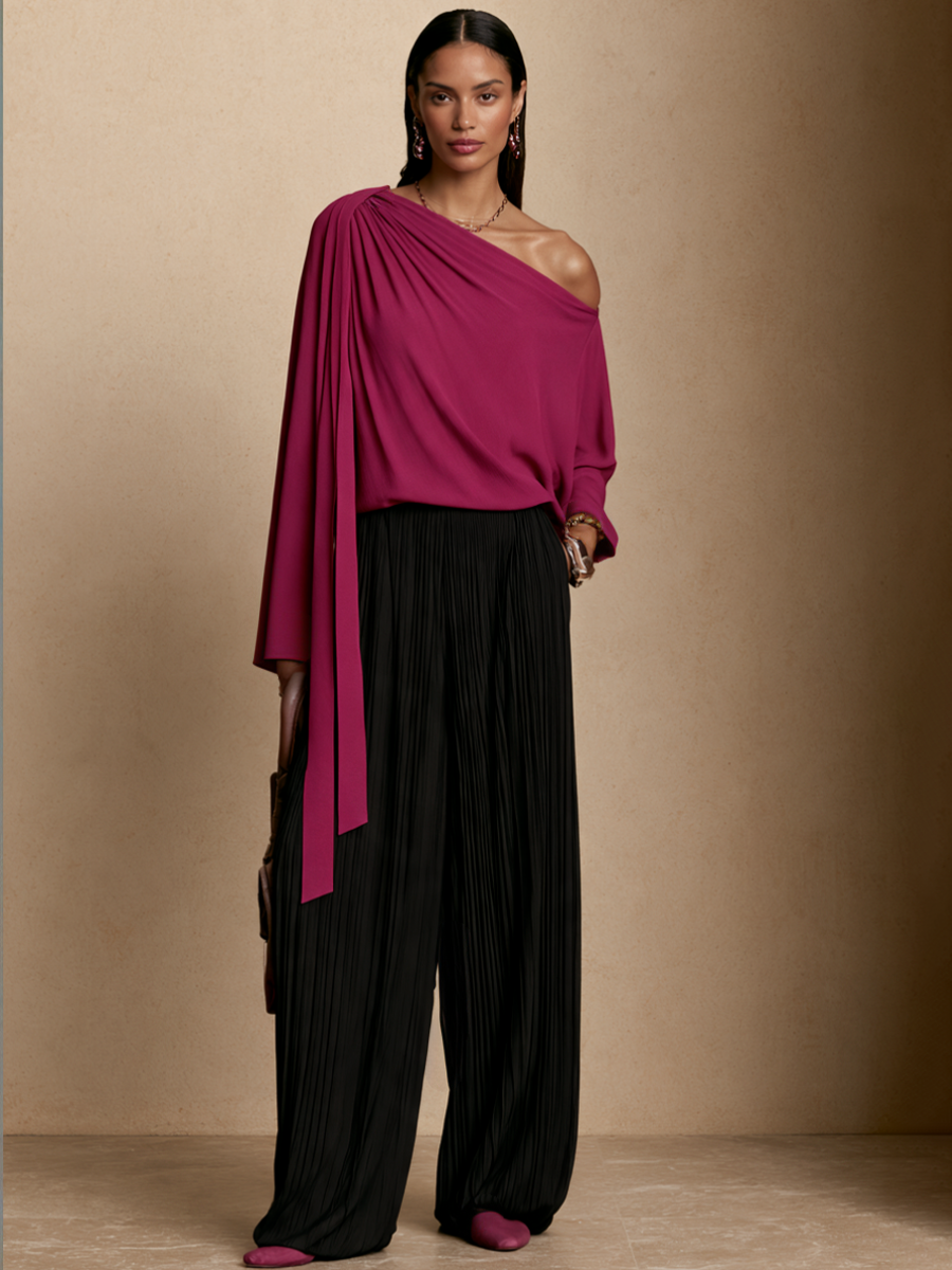 Women's Elegant Scarf Detail Asymmetric Top And Pleated Wide-Leg Pants Set