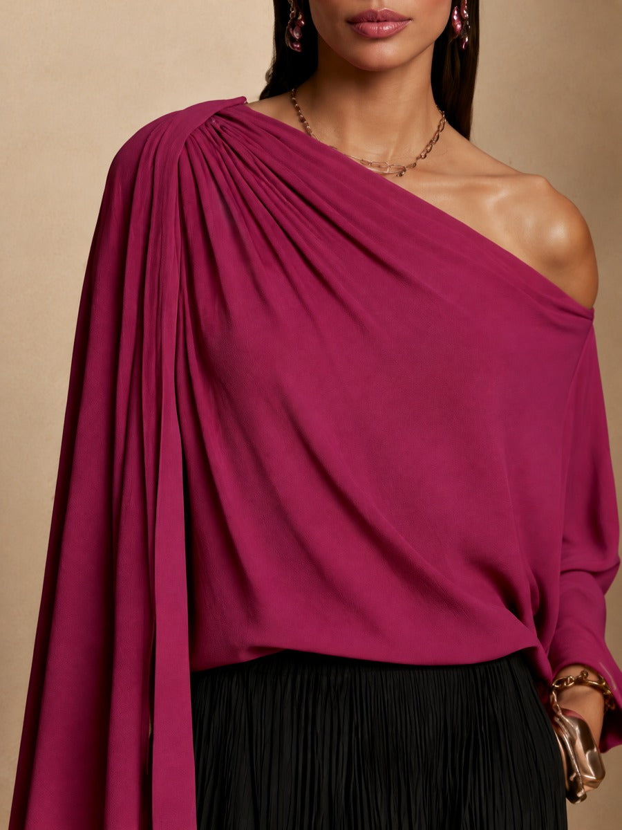 Women's Elegant Scarf Detail Asymmetric Top And Pleated Wide-Leg Pants Set