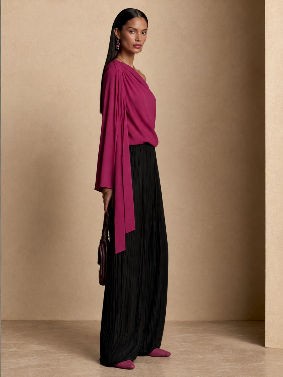 Women's Elegant Scarf Detail Asymmetric Top And Pleated Wide-Leg Pants Set