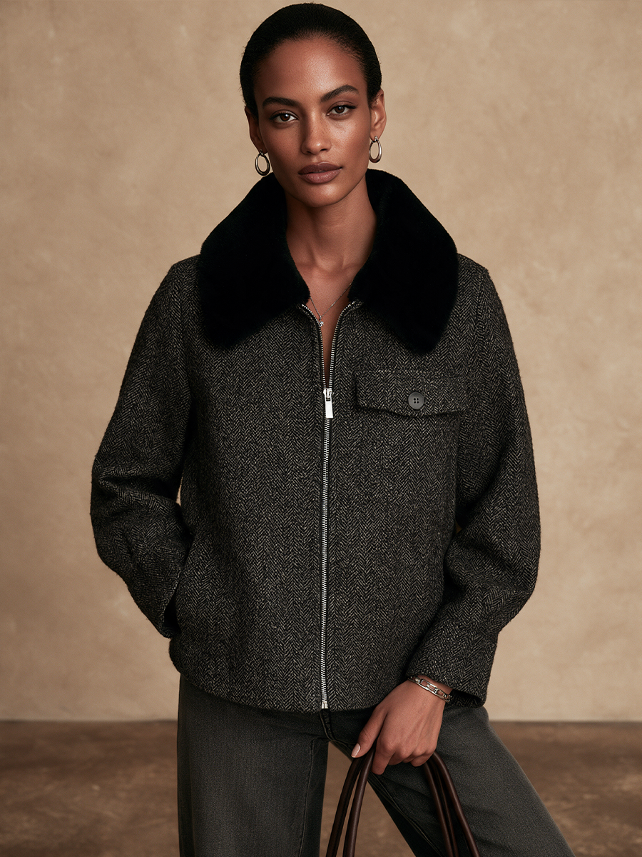Women's Retro Herringbone Plush Collar Cropped Jacket