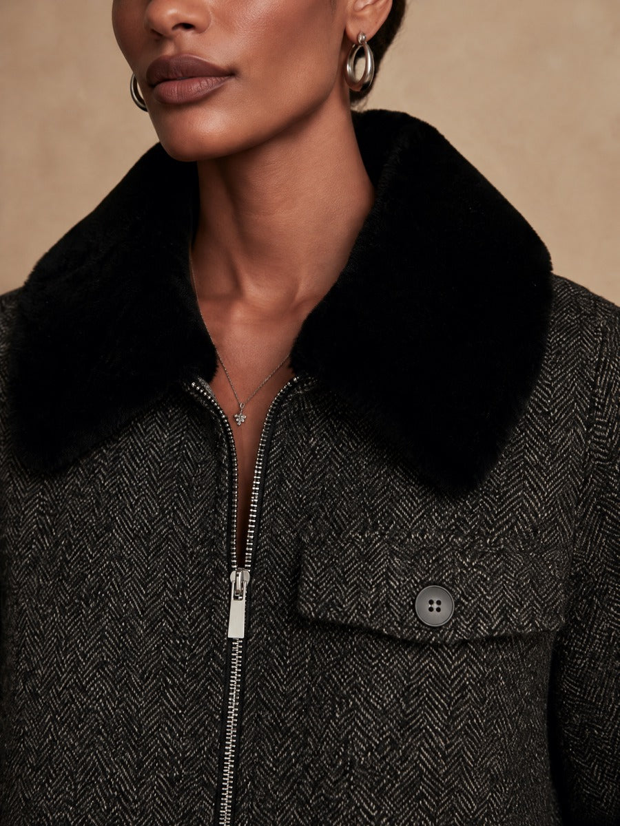 Women's Retro Herringbone Plush Collar Cropped Jacket