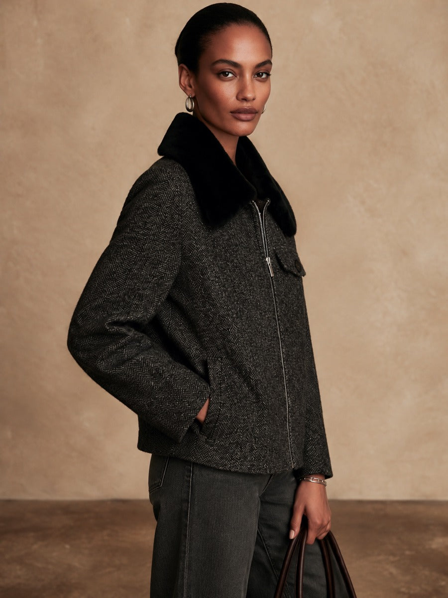 Women's Retro Herringbone Plush Collar Cropped Jacket