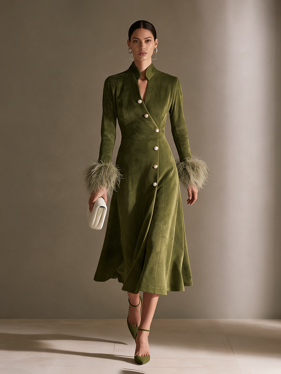 Women's Olive Green Faux Suede Stand Collar Diagonal-Button Feather Cuff Midi Dress