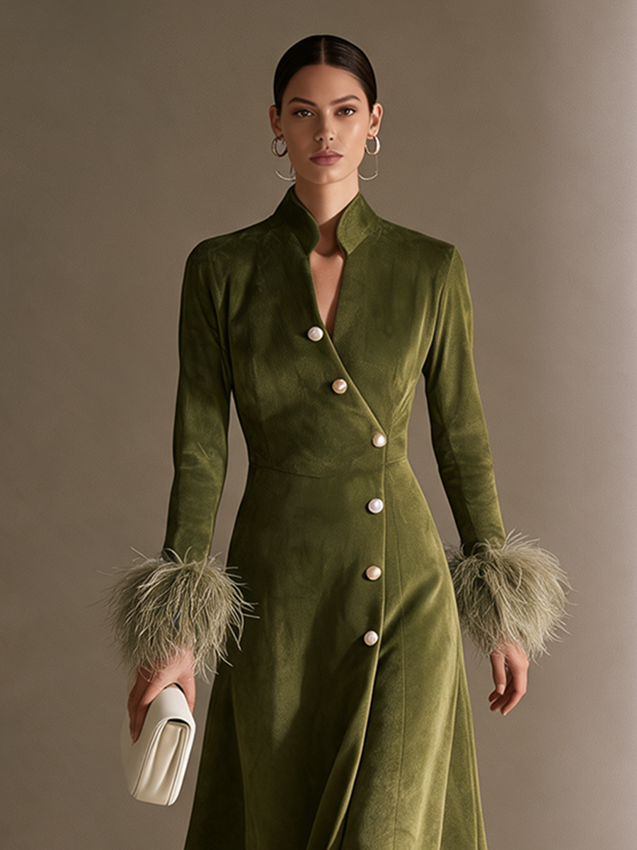 Women's Olive Green Faux Suede Stand Collar Diagonal-Button Feather Cuff Midi Dress