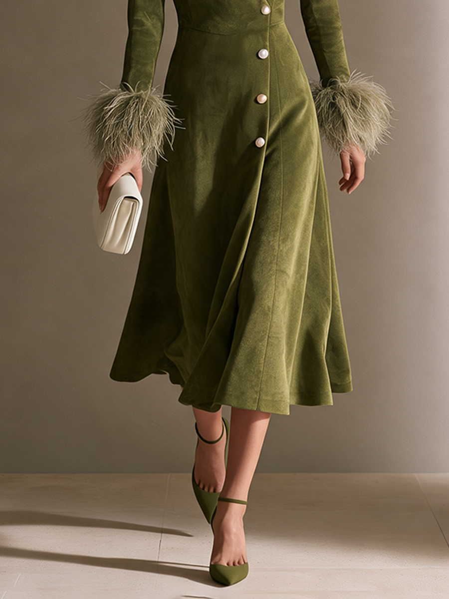 Women's Olive Green Faux Suede Stand Collar Diagonal-Button Feather Cuff Midi Dress