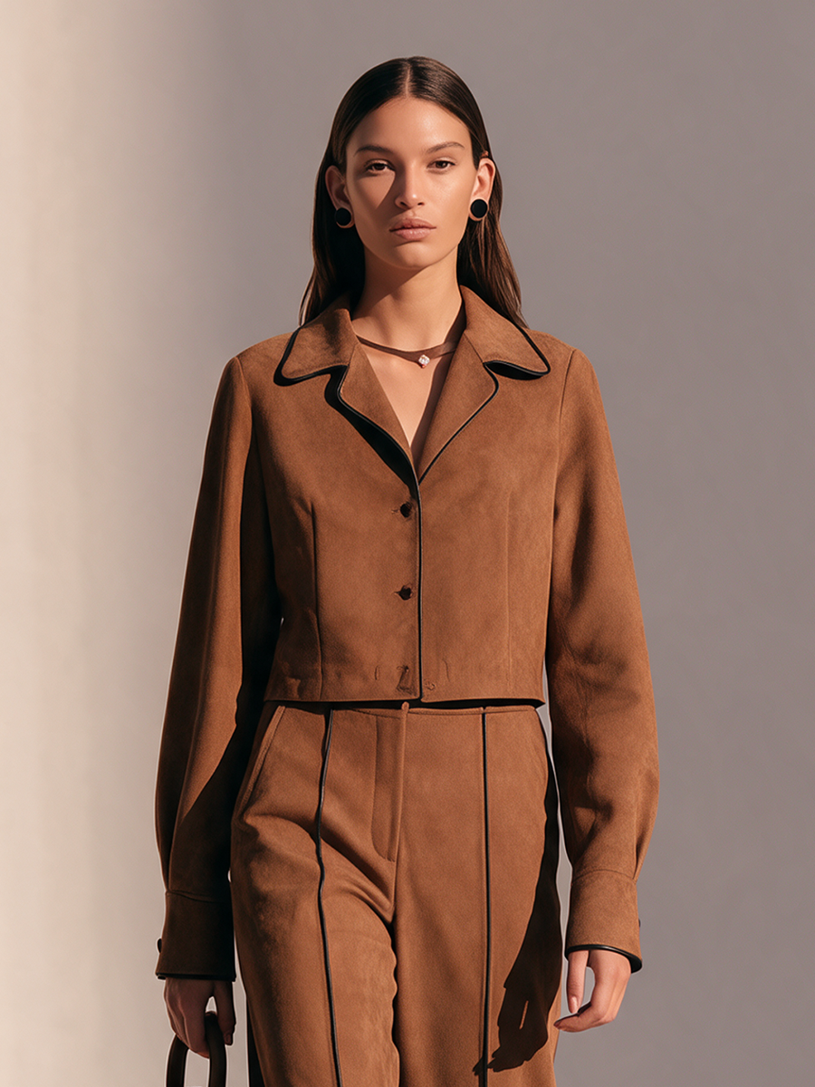 Women's Caramel Brown Faux Suede Black Piping Cropped Jacket And Wide-Leg Pants Set