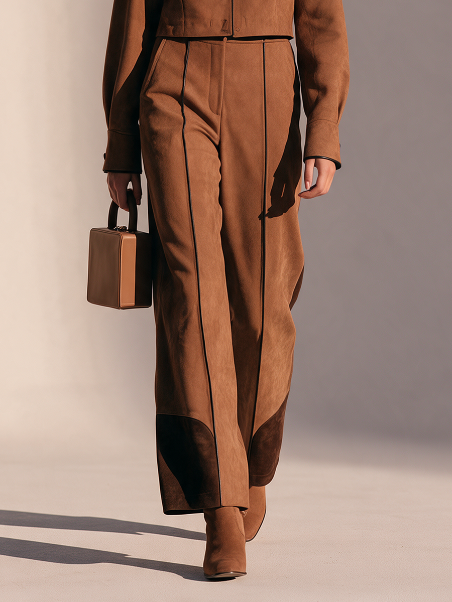 Women's Caramel Brown Faux Suede Black Piping Cropped Jacket And Wide-Leg Pants Set