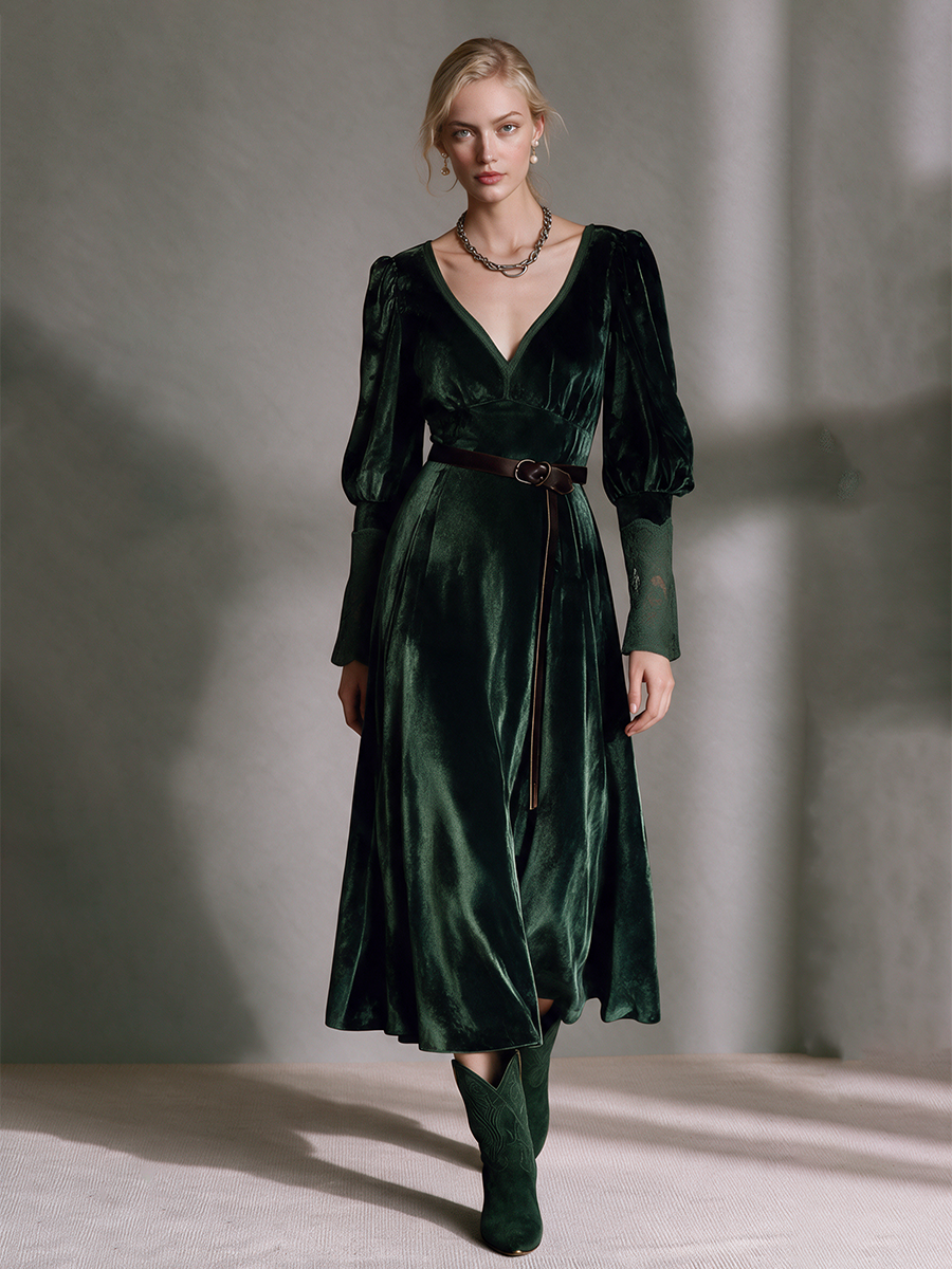 Women's Emerald Green Velvet V-Neck Puff Sleeve Lace Cuff Midi Dress