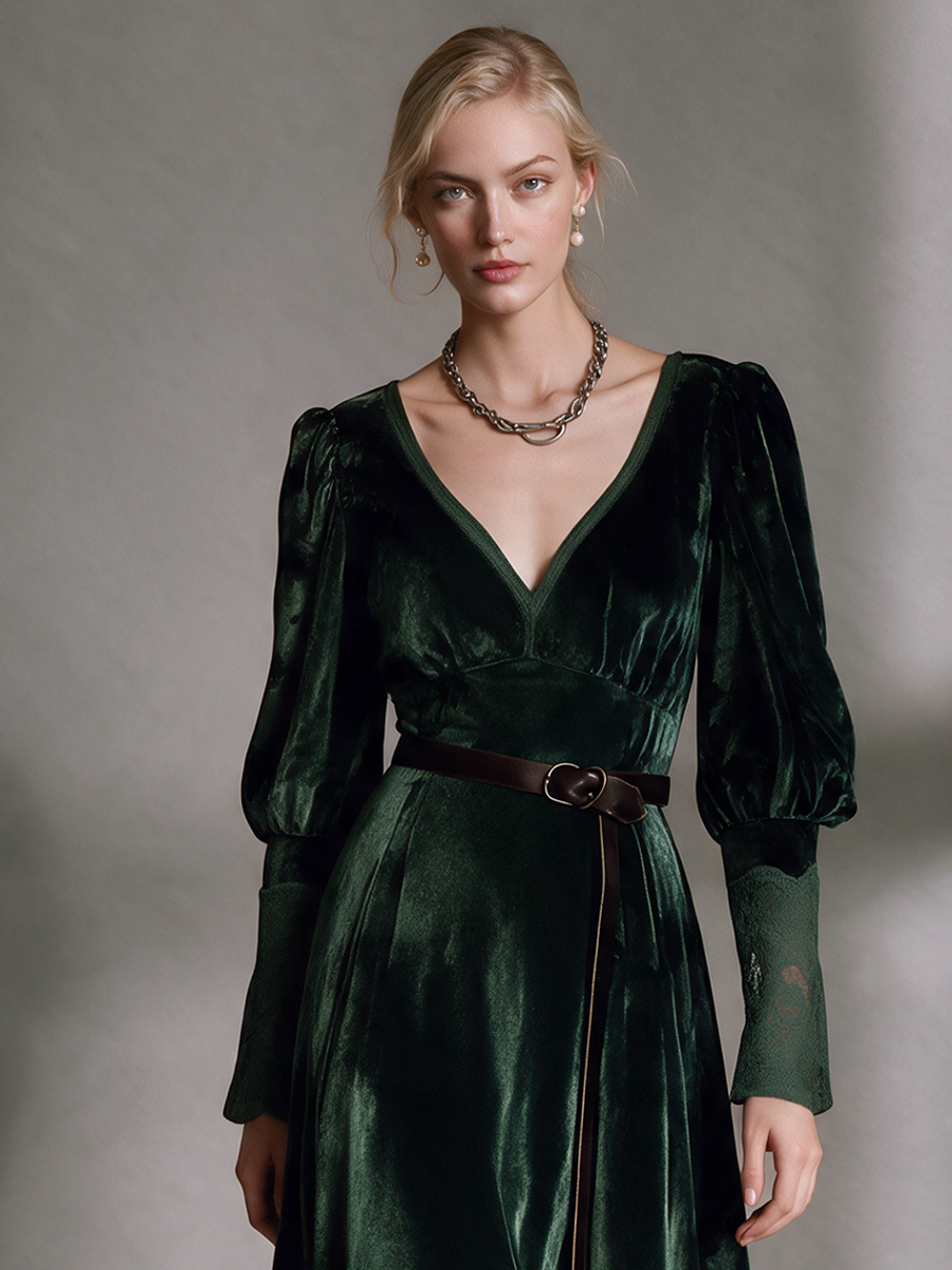 Women's Emerald Green Velvet V-Neck Puff Sleeve Lace Cuff Midi Dress