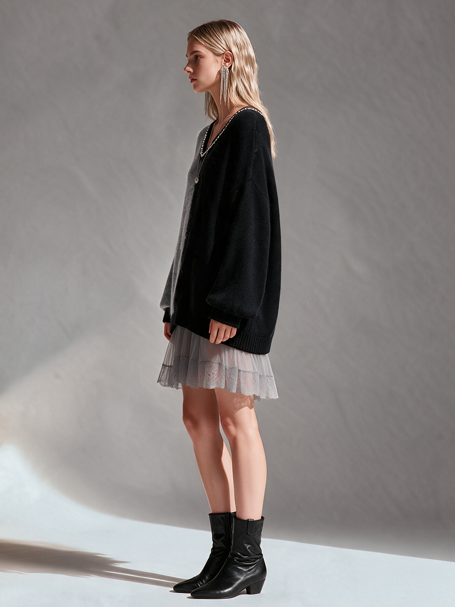 Women's Black And Grey Color-Block V-Neck Drop-Shoulder Wool Knit Mini Dress