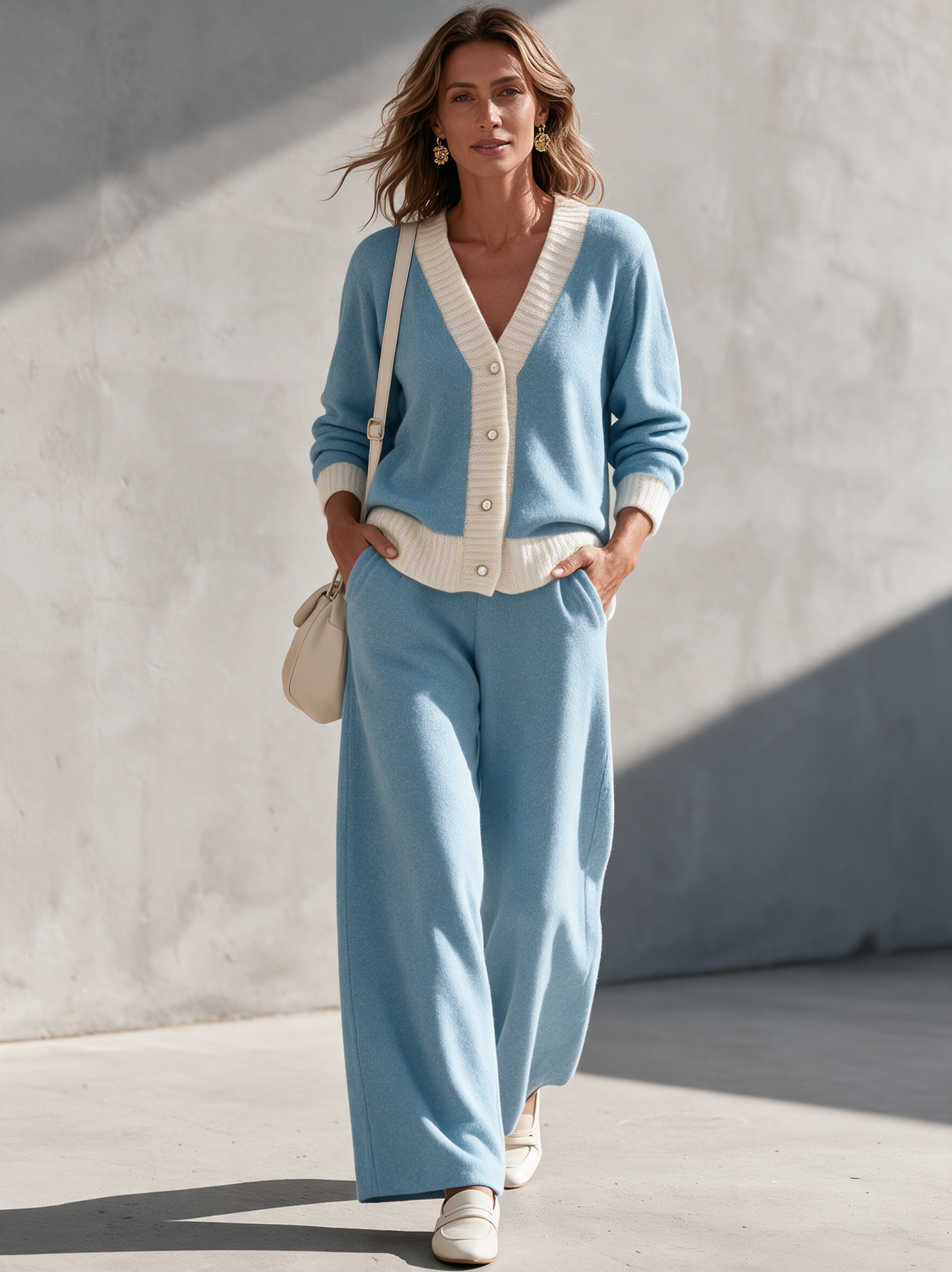 Women’s Casual Blue And White Knitted Long-sleeve Cardigan And Trousers Set