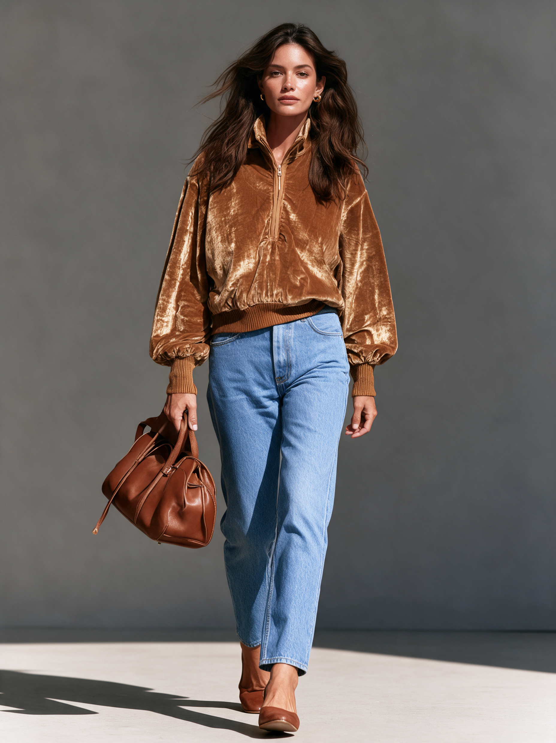 Women’s Casual Brown Velvet Long-sleeve Half-zip Sweatshirt