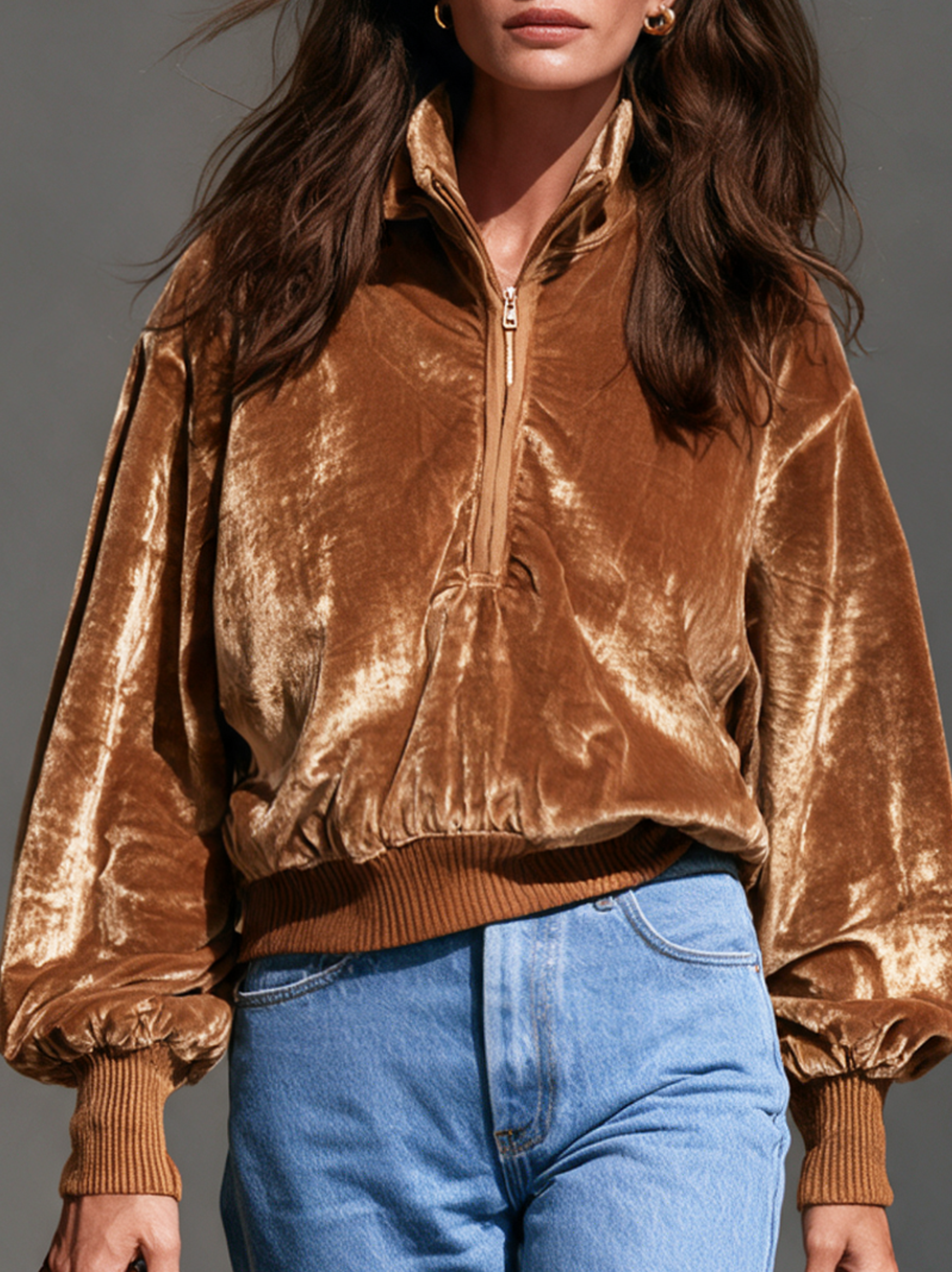 Women’s Casual Brown Velvet Long-sleeve Half-zip Sweatshirt