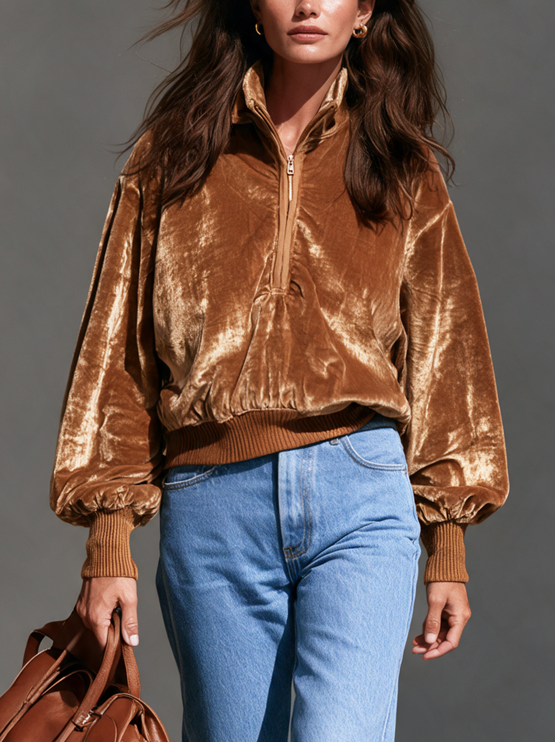 Women’s Casual Brown Velvet Long-sleeve Half-zip Sweatshirt