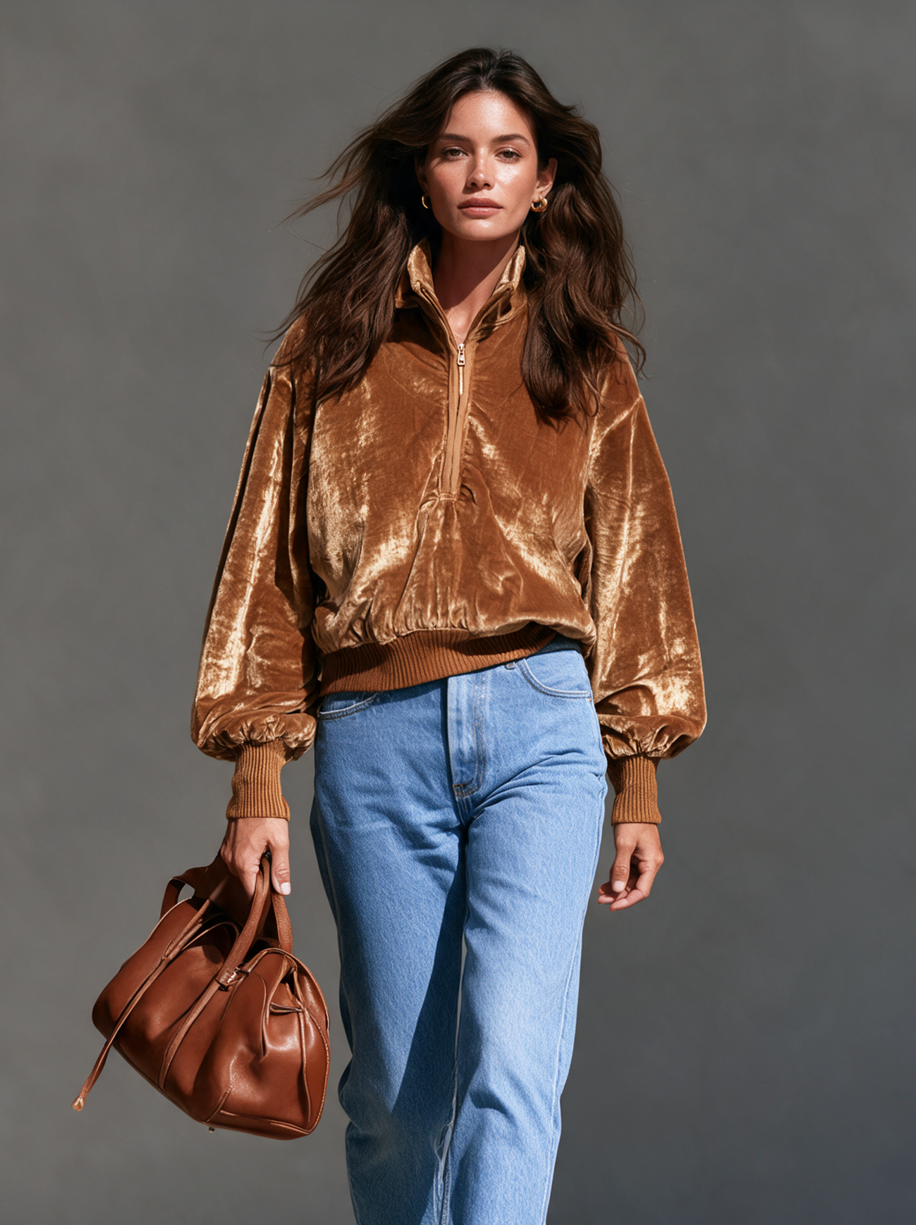 Women’s Casual Brown Velvet Long-sleeve Half-zip Sweatshirt