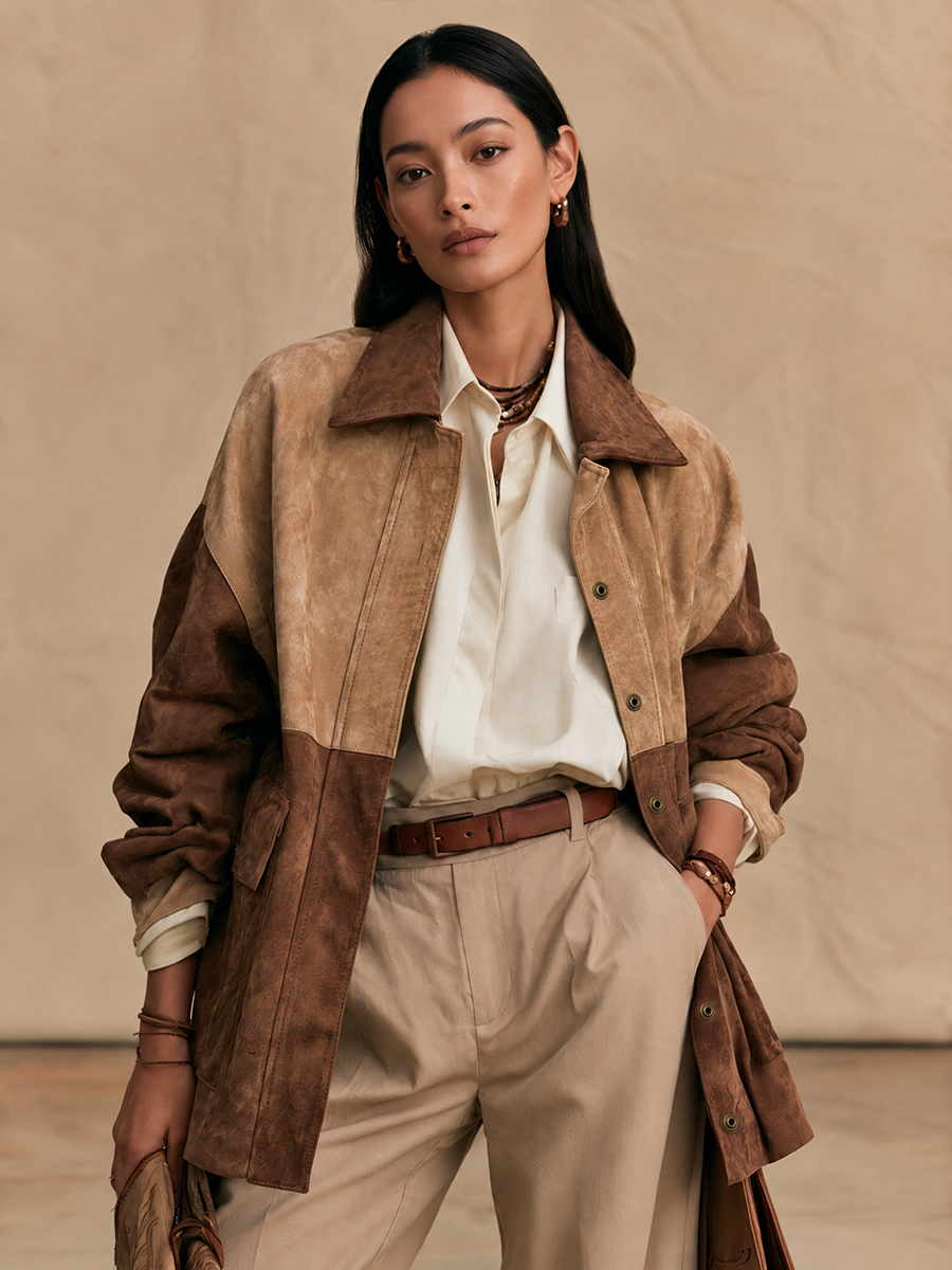 Women's Western Color-Block Collared Suede Jacket