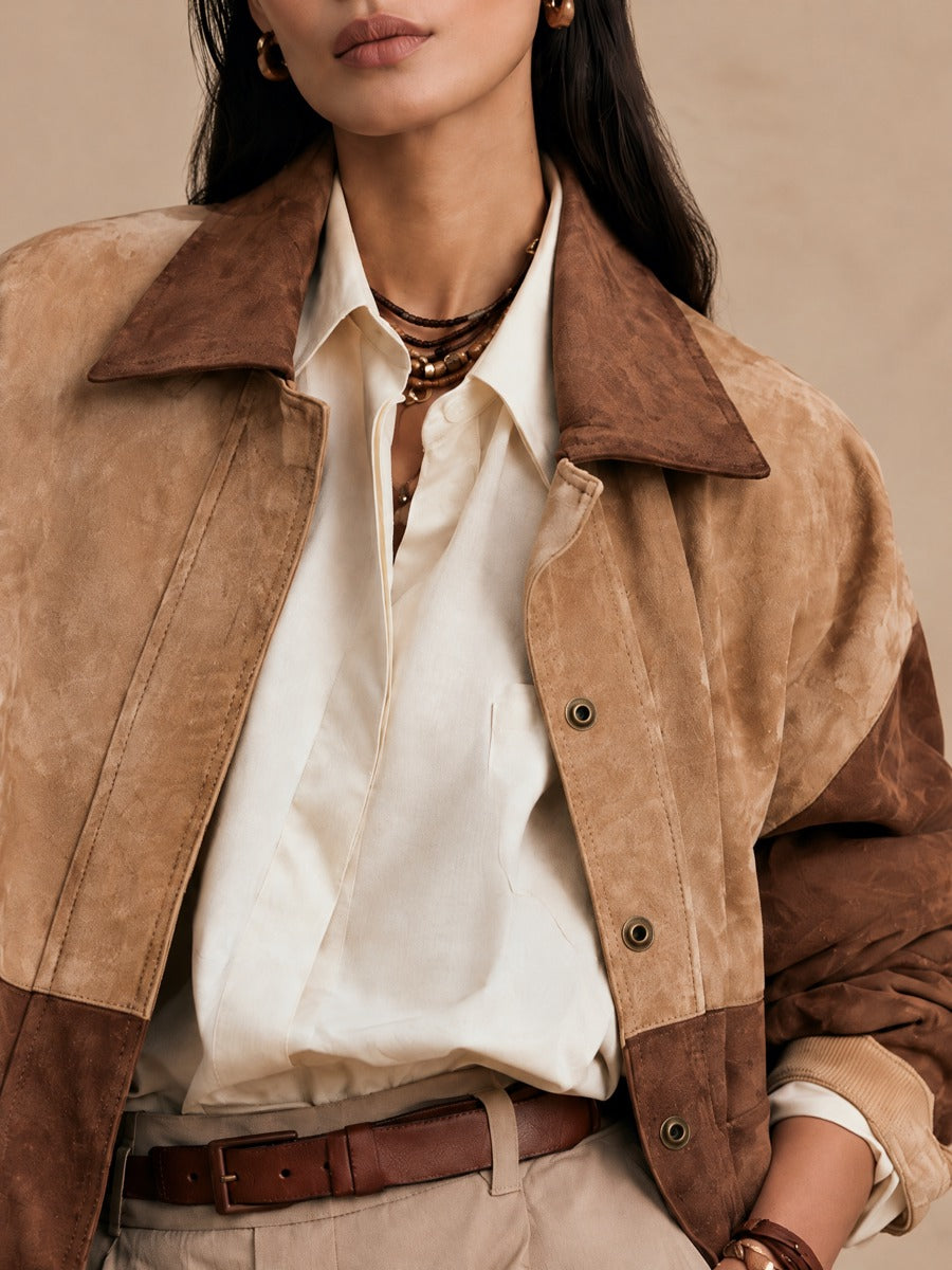 Women's Western Color-Block Collared Suede Jacket