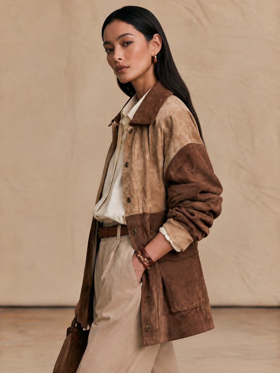 Women's Western Color-Block Collared Suede Jacket