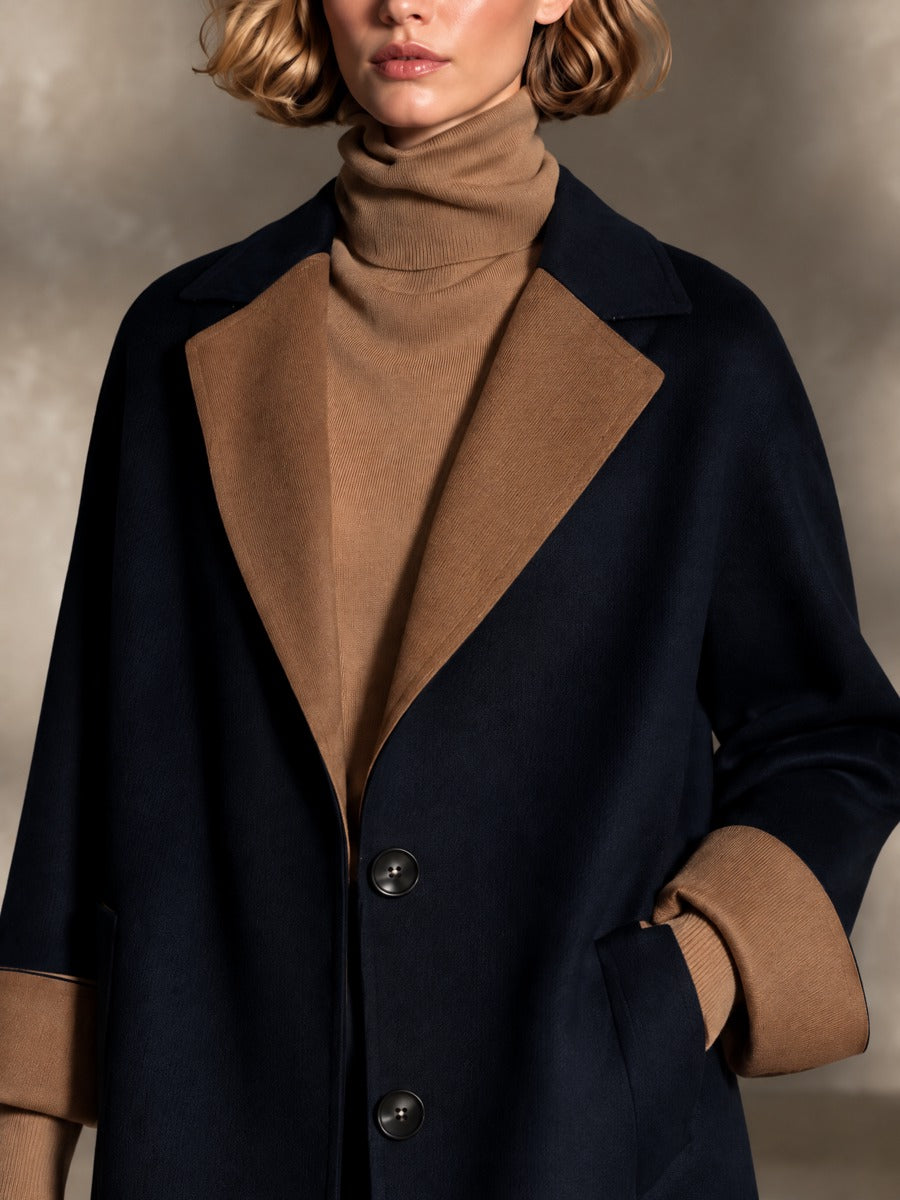 Women’s Long Wool-Blend Coat With Contrast-Color Lapels