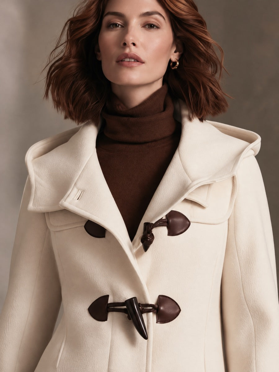 Women’s Hooded Long Wool Coat With Toggle Fastenings