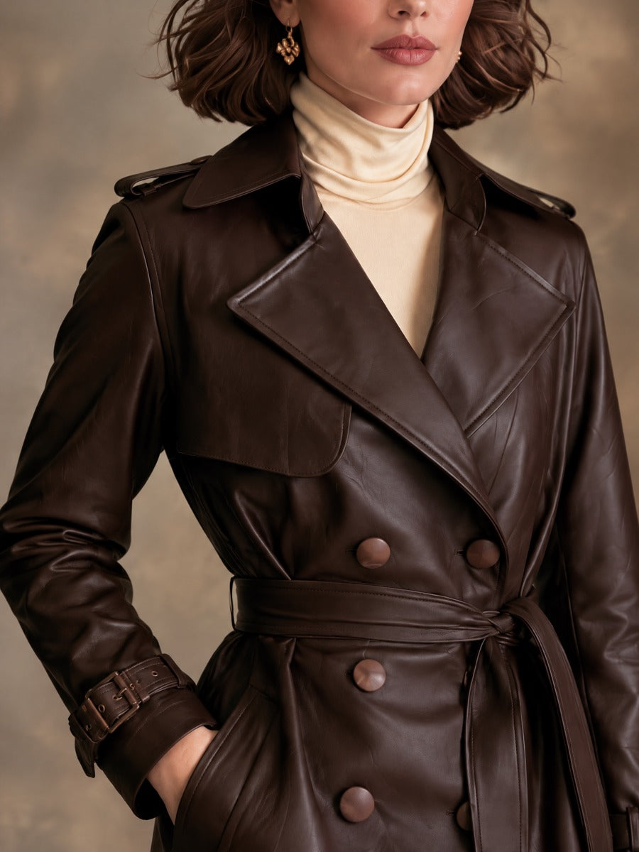 Women’s Double-Breasted Eco-Leather Long Trench Coat