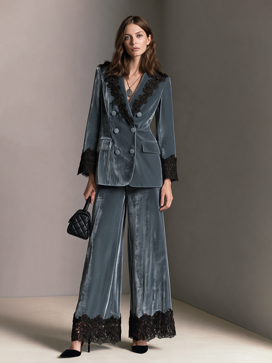 Women's Blue-Grey Velvet Black Lace Trim Wide-Leg Pants
