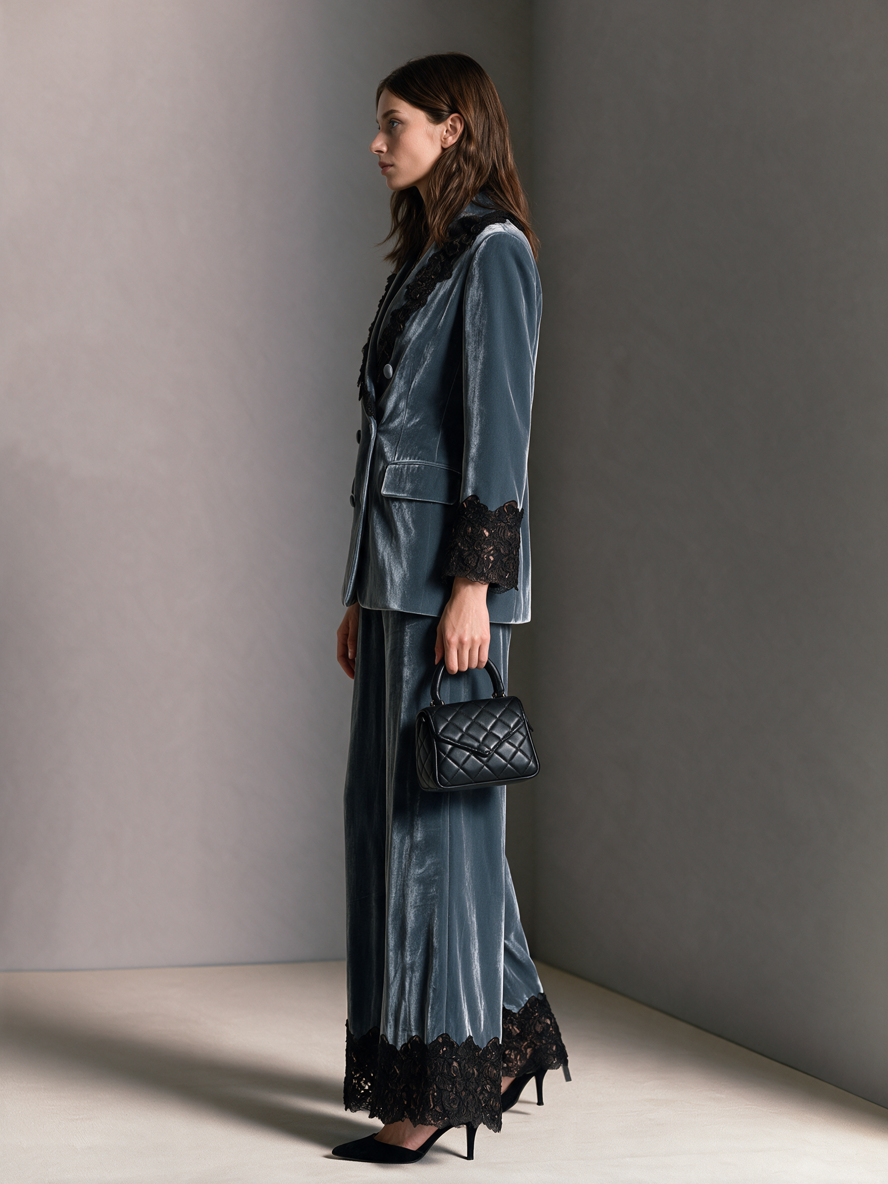 Women's Blue-Grey Velvet Black Lace Trim Wide-Leg Pants