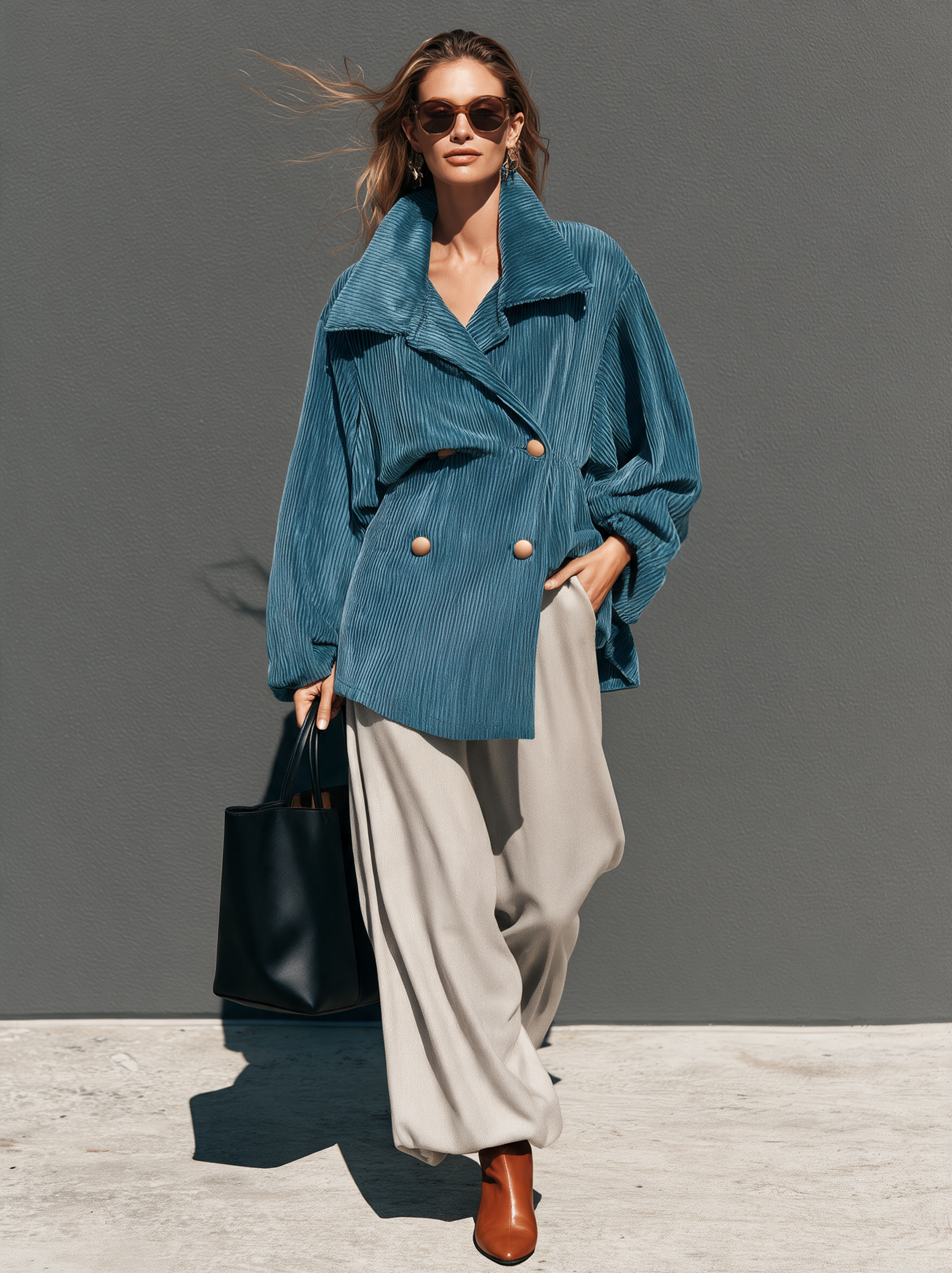 Women’s Elegant Blue Corduroy Long-sleeve Jacket