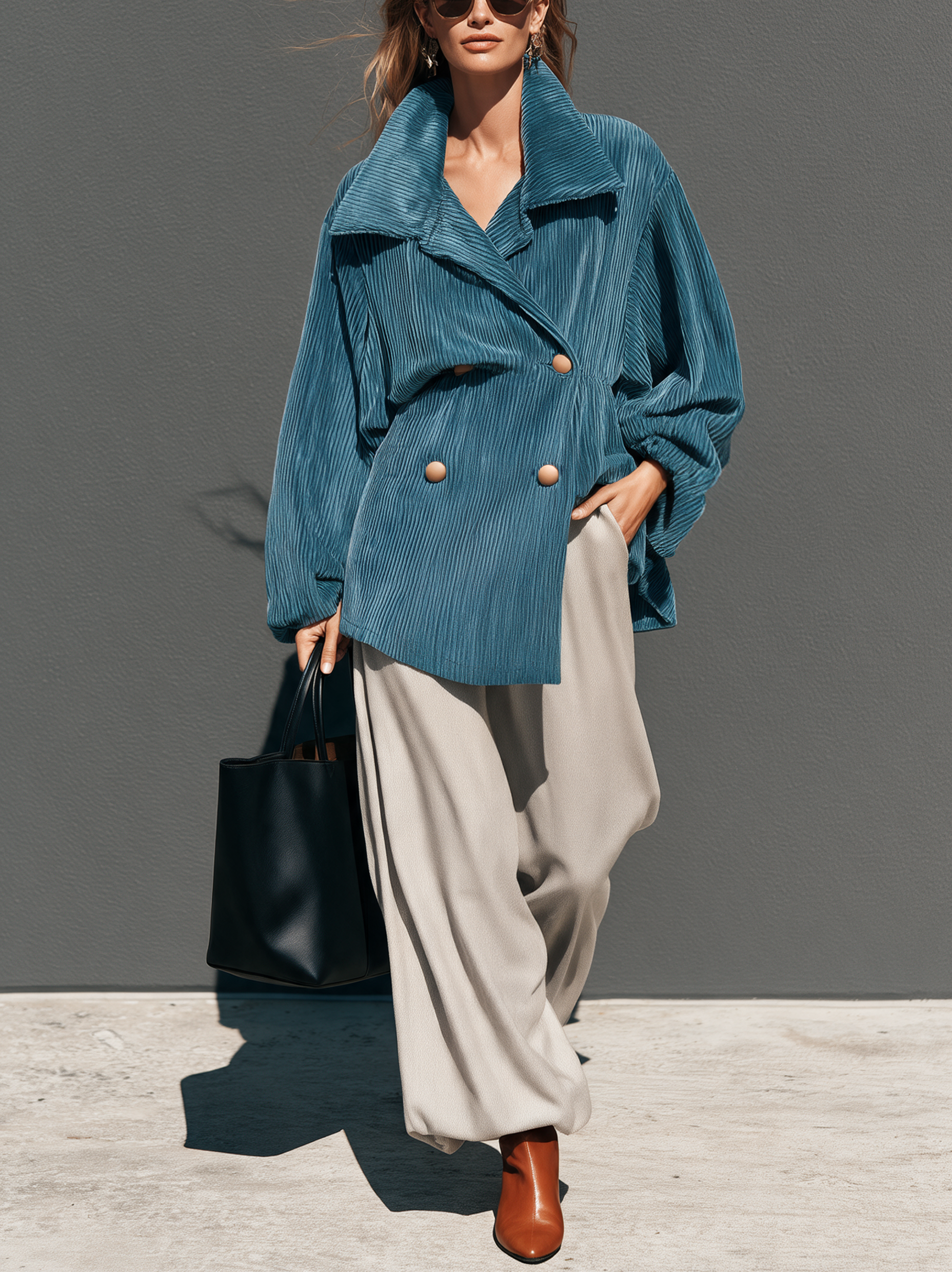 Women’s Elegant Blue Corduroy Long-sleeve Jacket