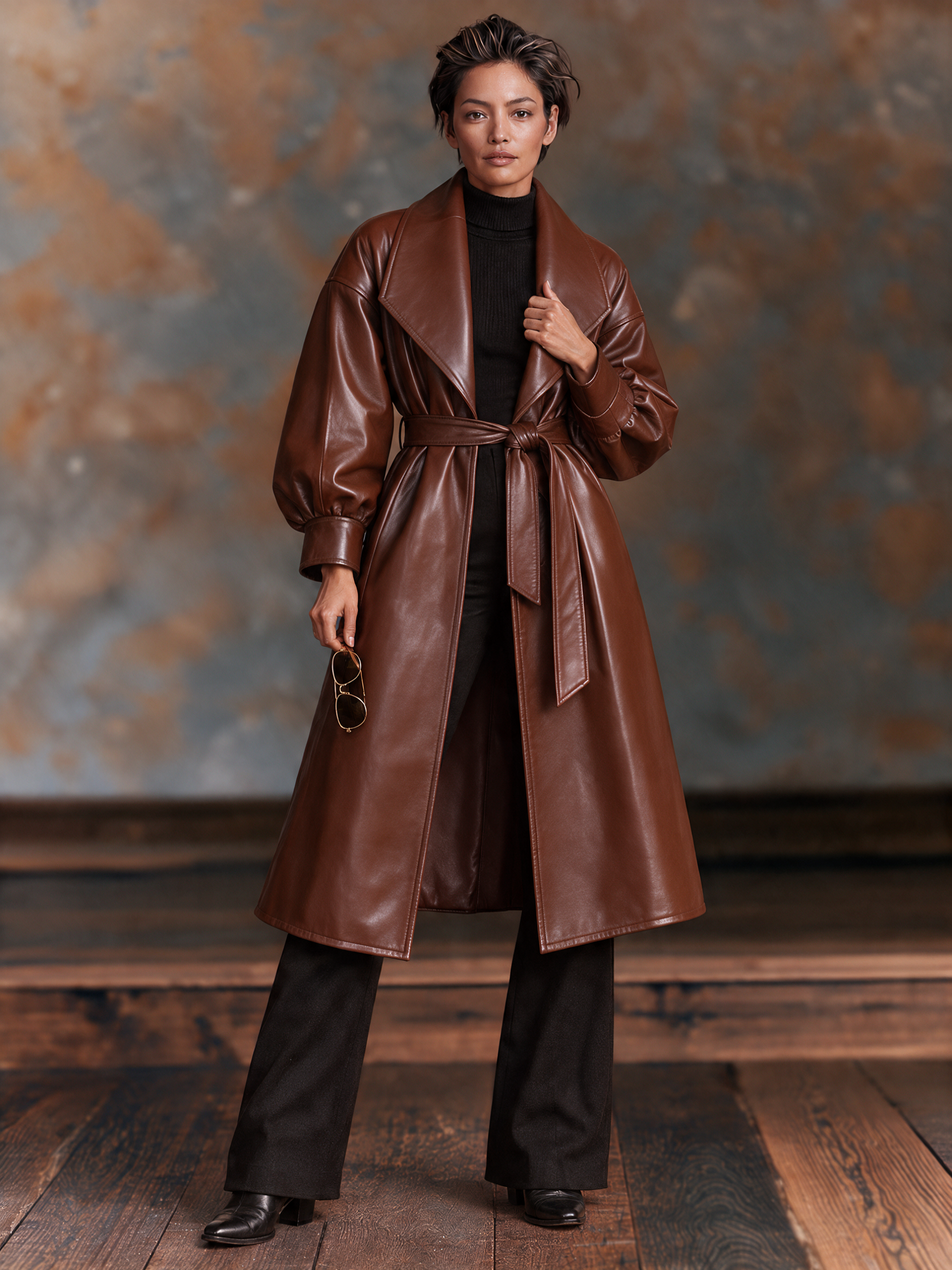 Women’s Vintage-Style Long Faux-Leather Trench Coat With Lantern Sleeves And Belt