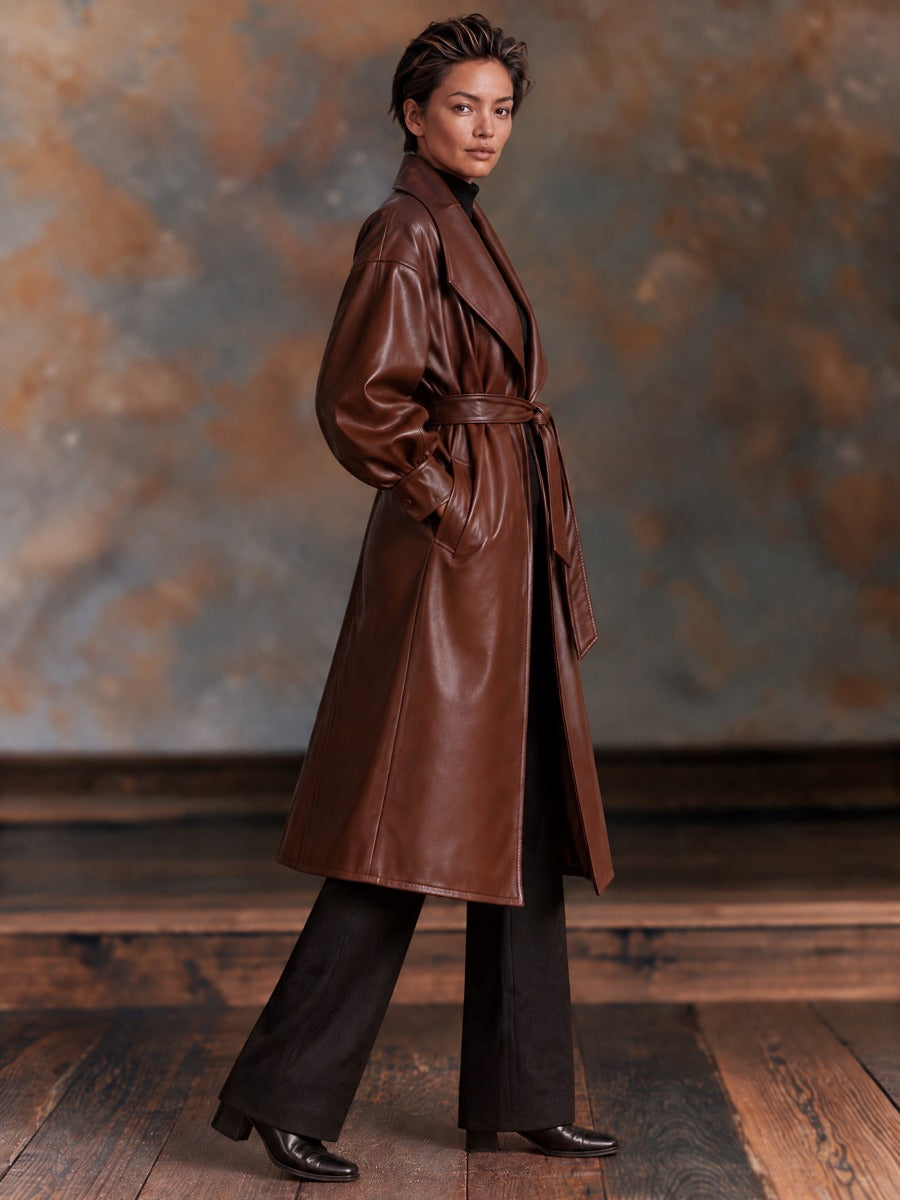 Women’s Vintage-Style Long Faux-Leather Trench Coat With Lantern Sleeves And Belt
