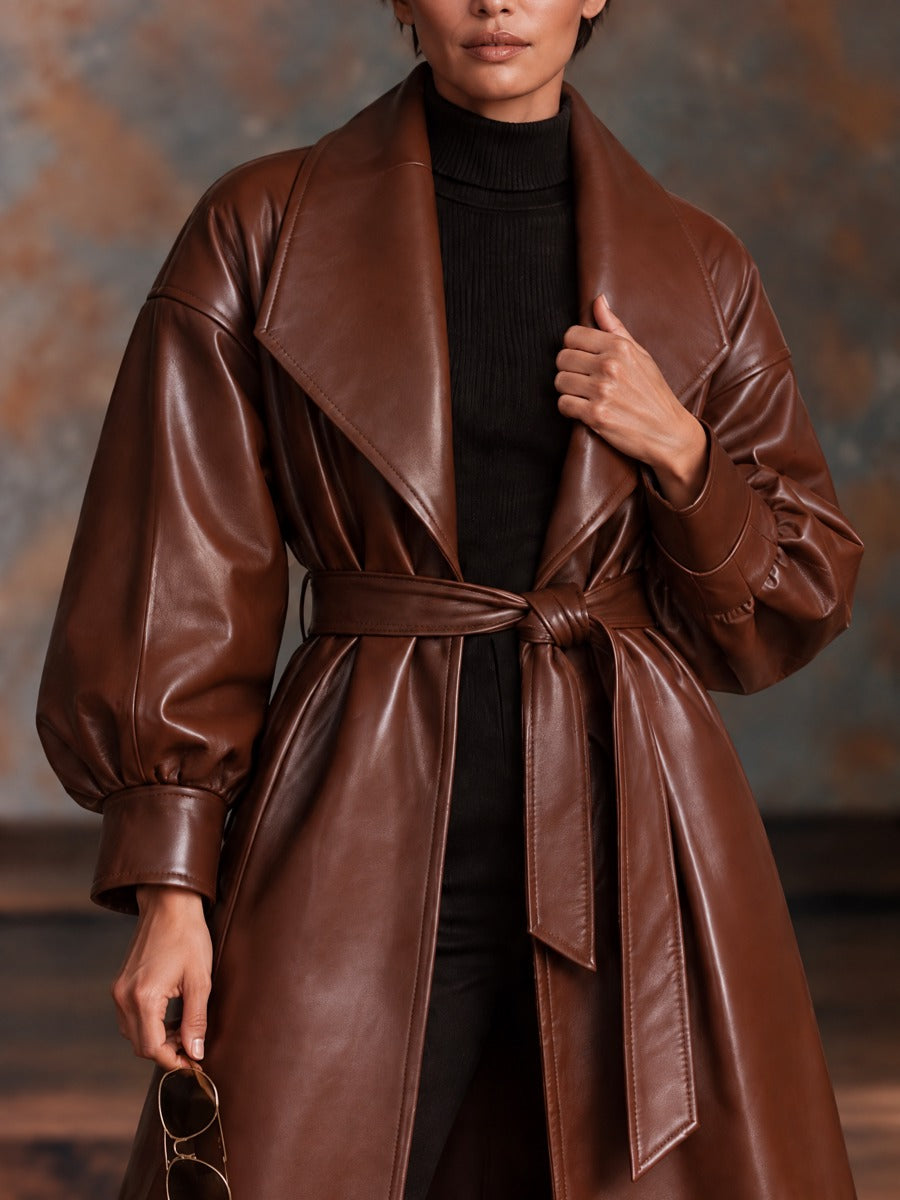 Women’s Vintage-Style Long Faux-Leather Trench Coat With Lantern Sleeves And Belt