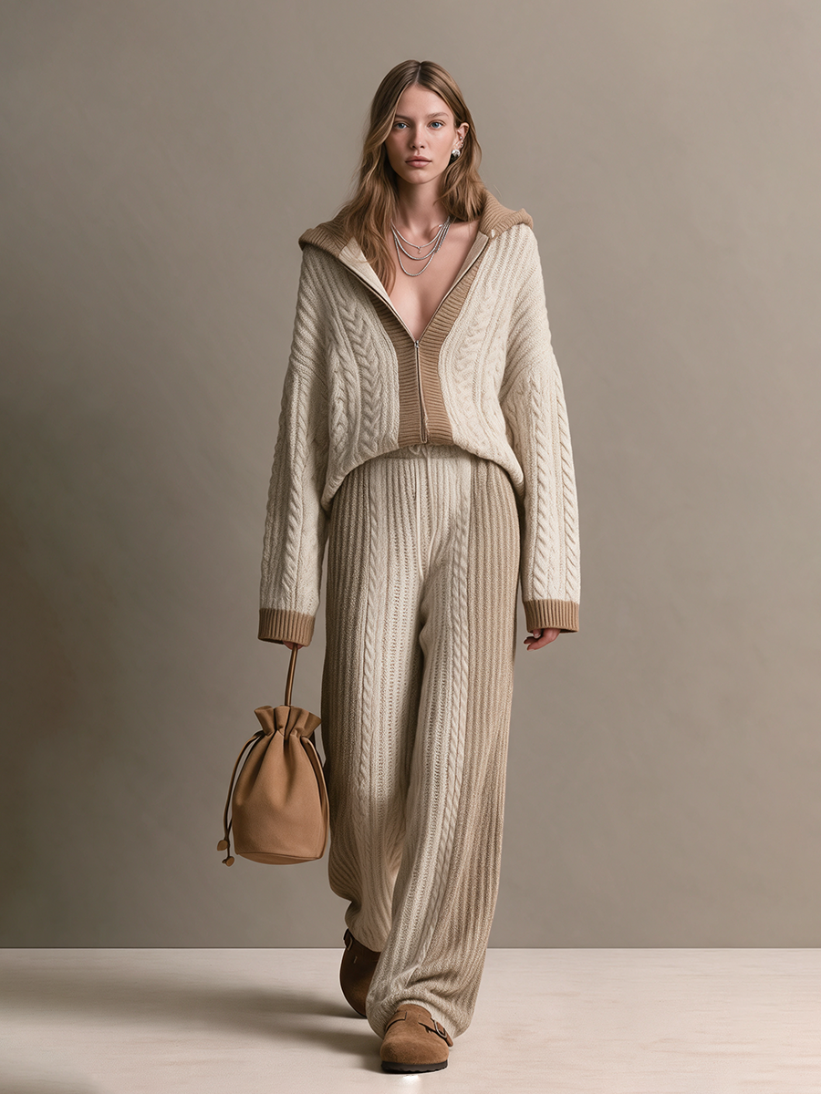 Women's Cream And Camel Hooded Cable Wool Knit Zip-Up Cardigan