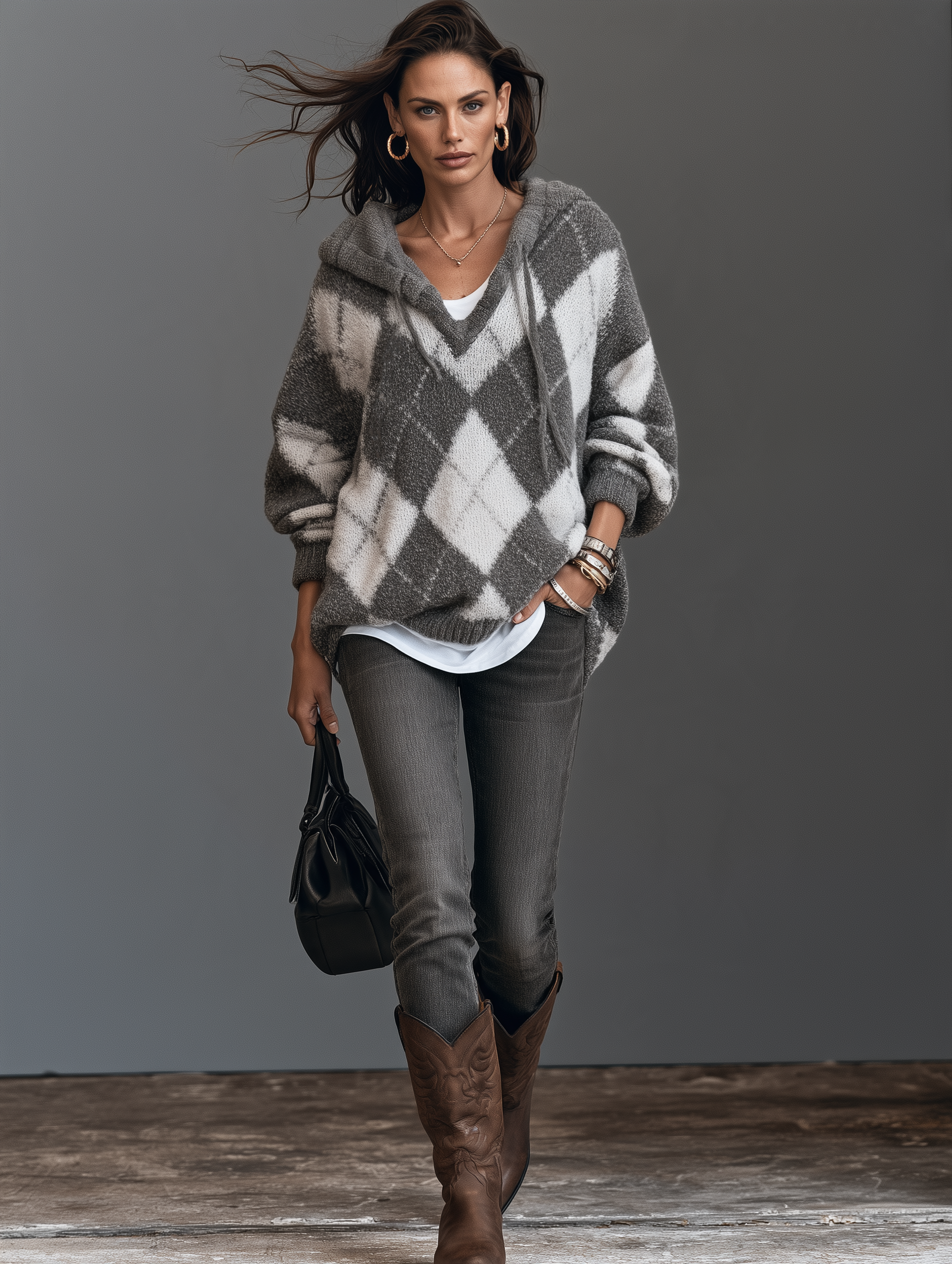 Women’s Elegant Grey-and-White Knitted Long-Sleeve Hooded Sweater