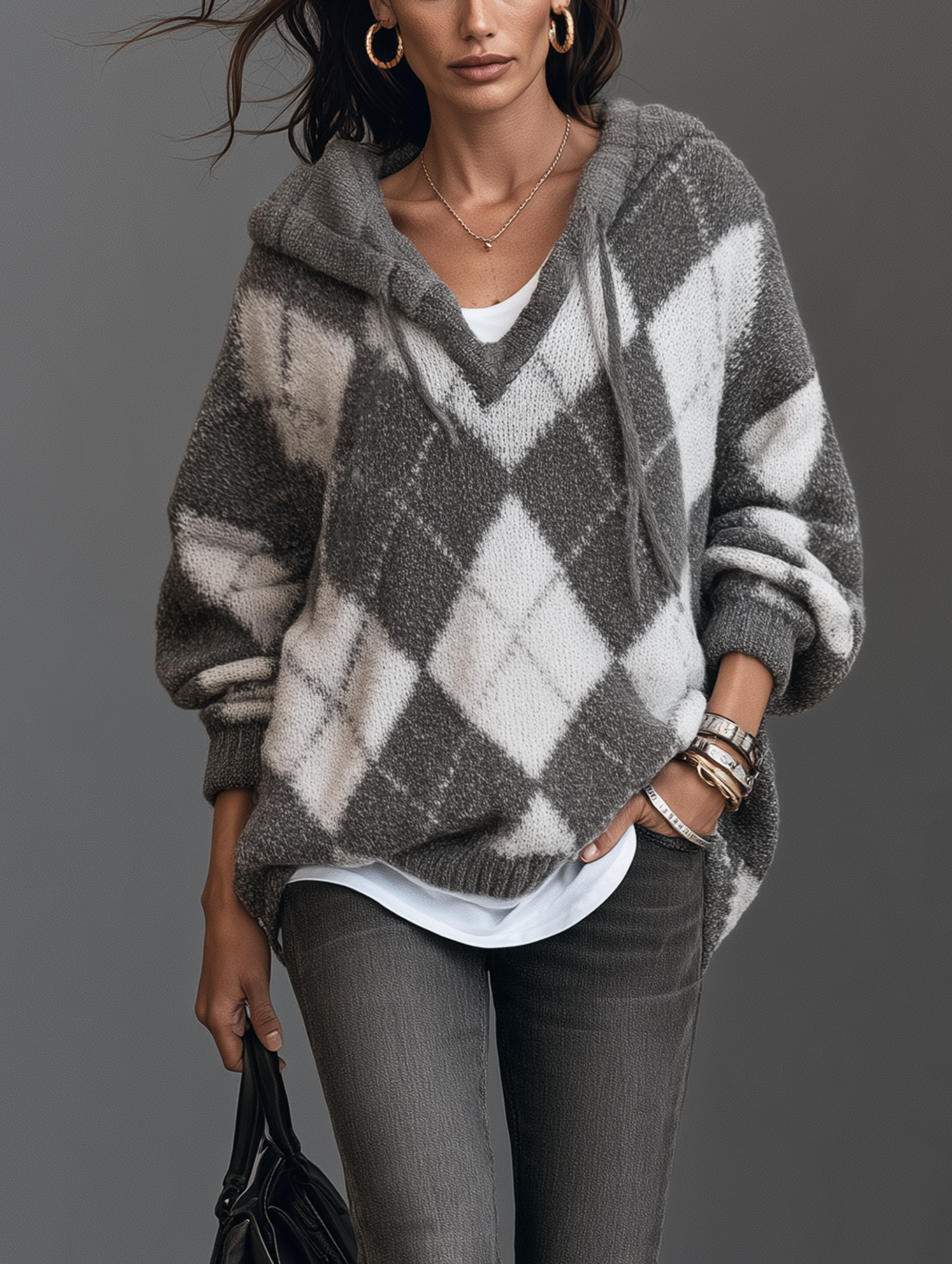 Women’s Elegant Grey-and-White Knitted Long-Sleeve Hooded Sweater