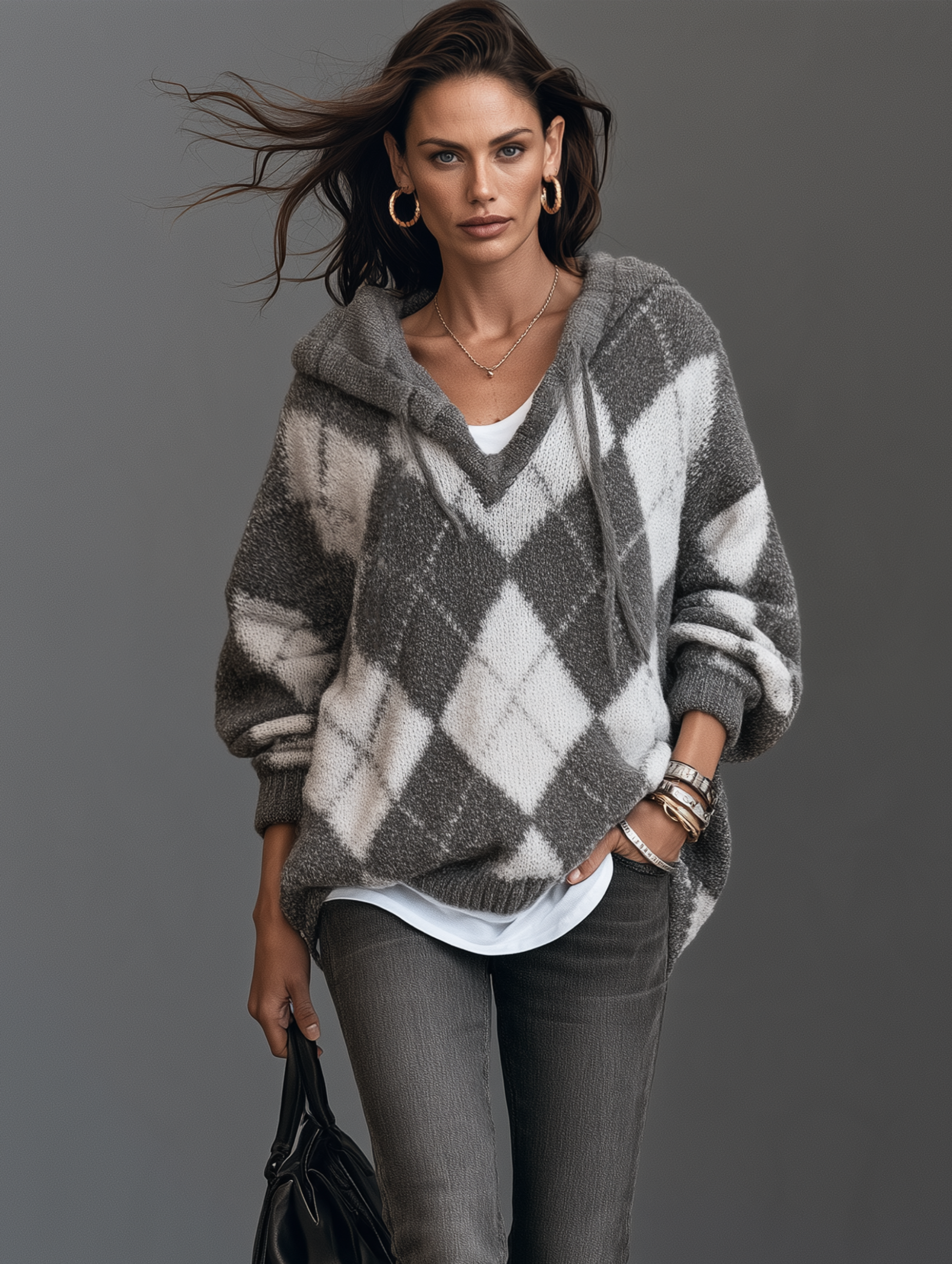 Women’s Elegant Grey-and-White Knitted Long-Sleeve Hooded Sweater