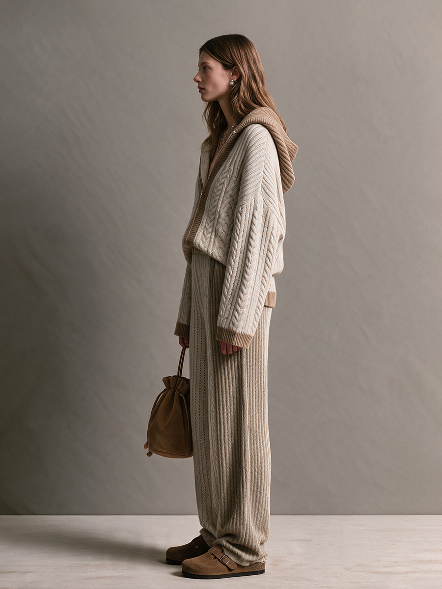 Women's Cream And Camel Color-Block Cable Wool Knit Wide-Leg Pants