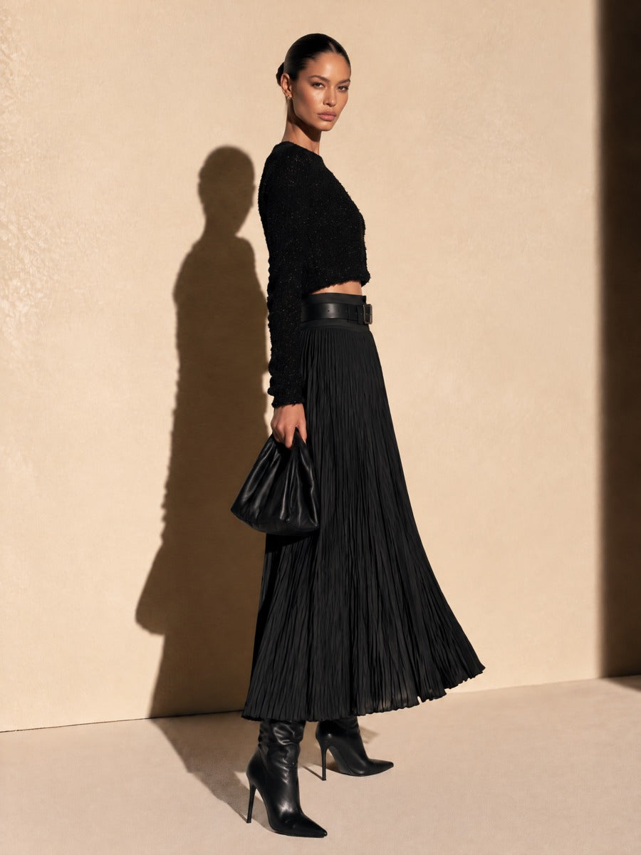 Women's Crinkle Pleated High Waist Maxi Skirt
