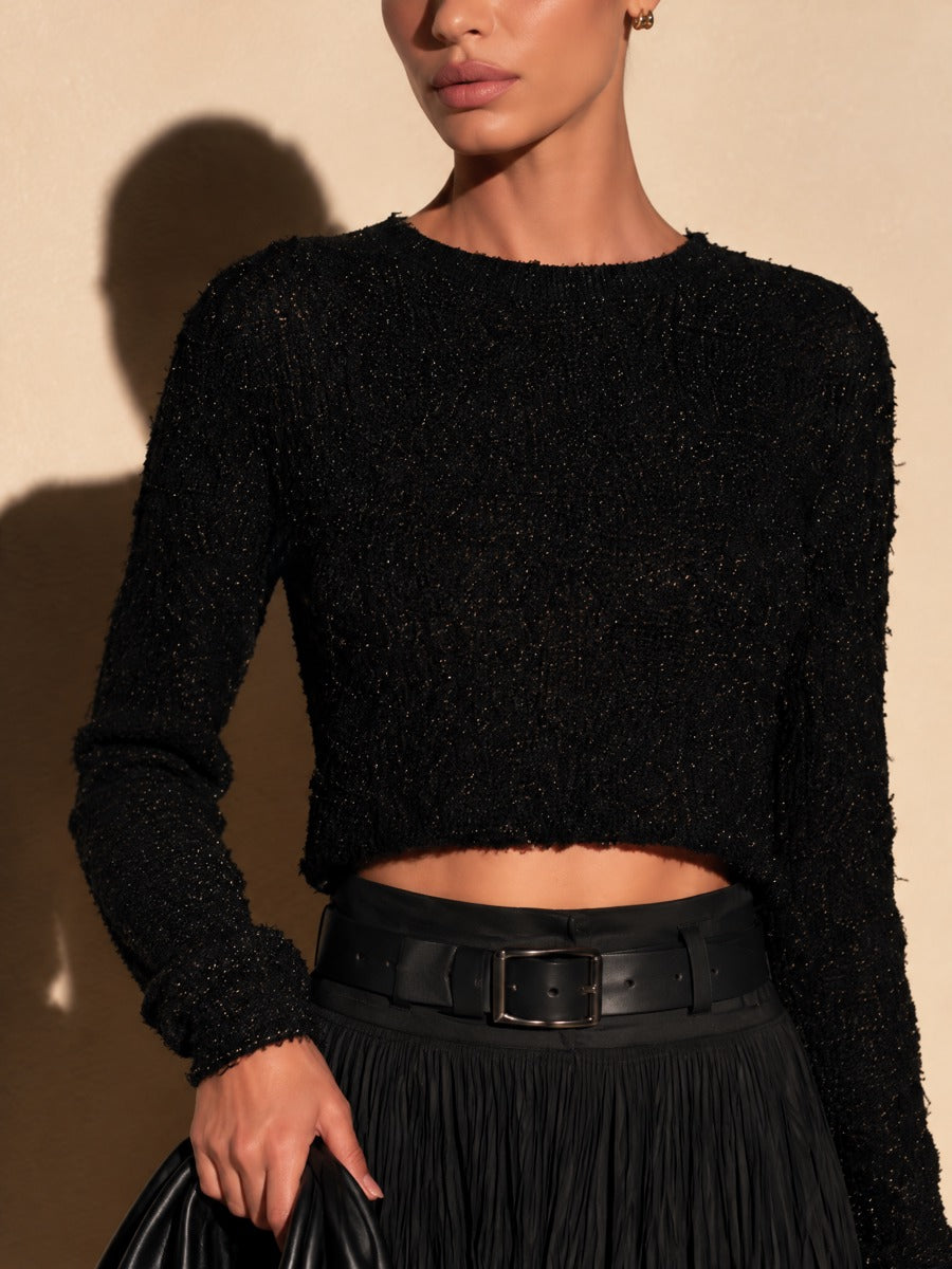 Women's Crew Neck Long Sleeve Cropped Sweater