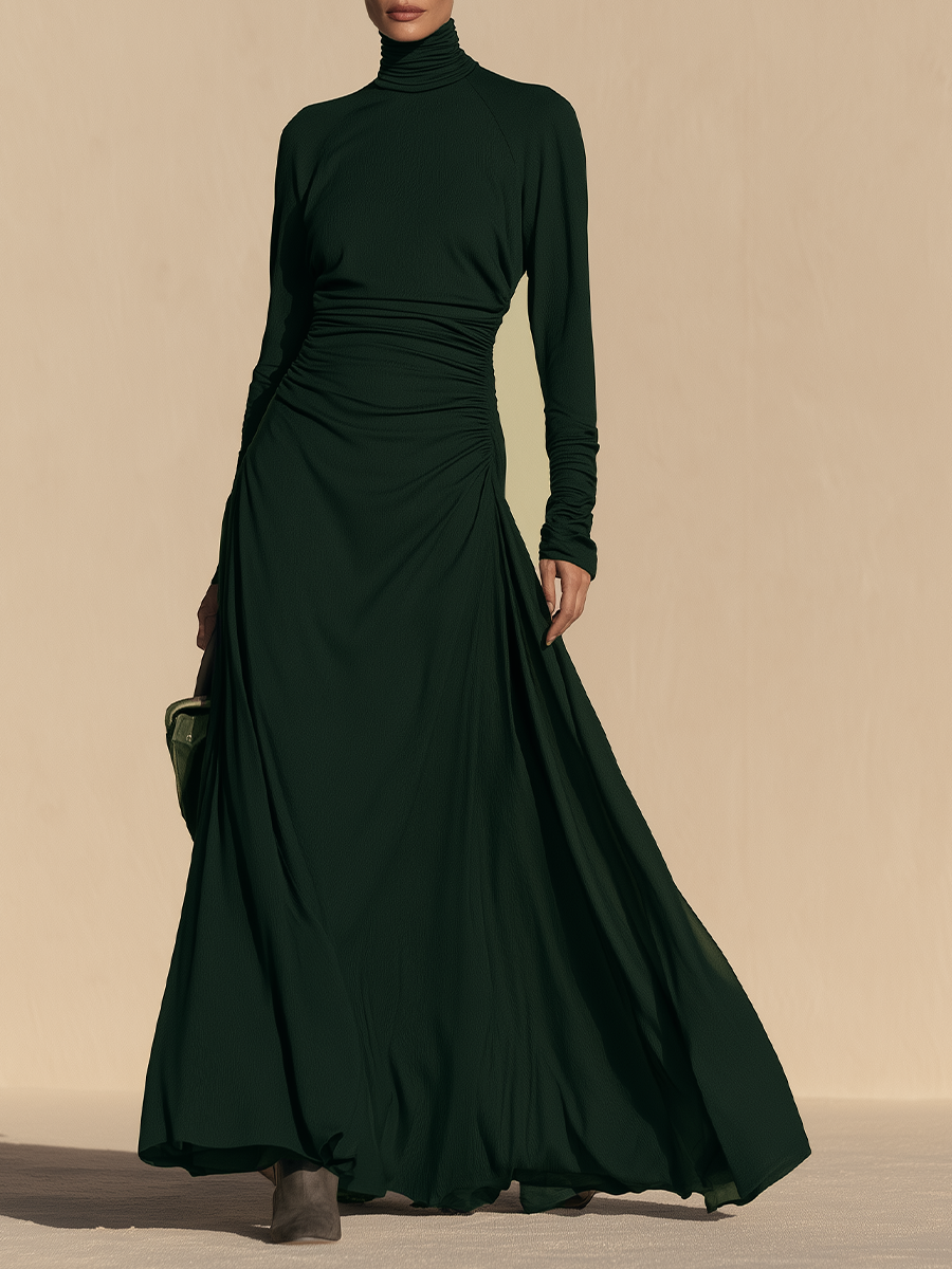 Women's Ruched Turtleneck Long Sleeve Flowing Maxi Dress