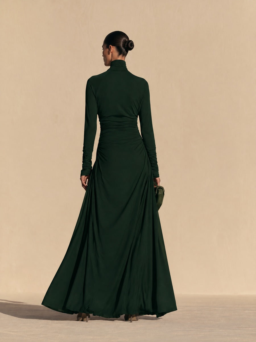 Women's Ruched Turtleneck Long Sleeve Flowing Maxi Dress
