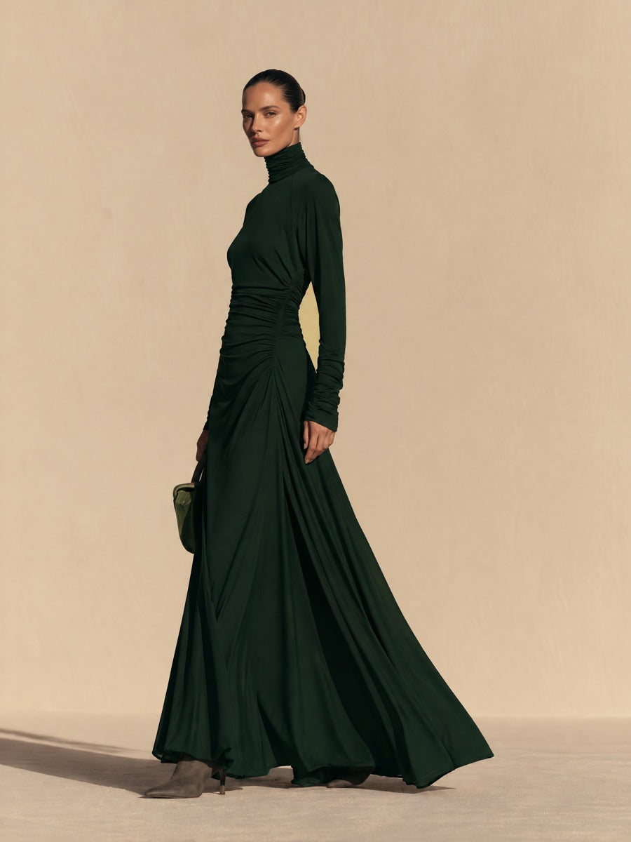 Women's Ruched Turtleneck Long Sleeve Flowing Maxi Dress