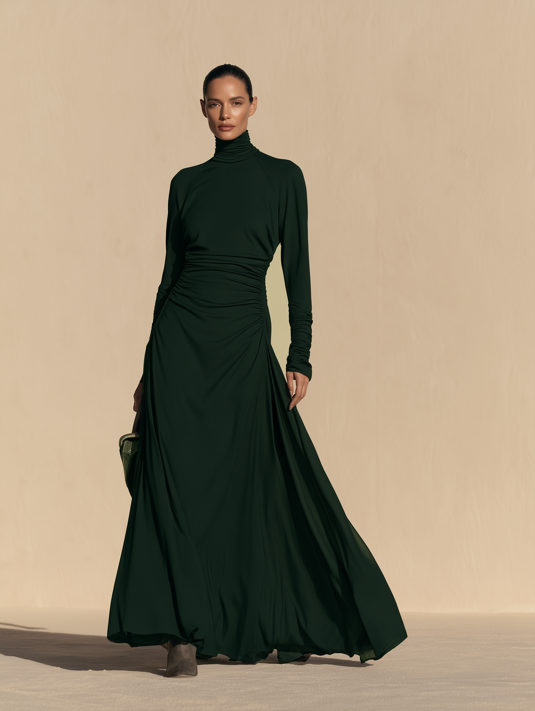 Women's Ruched Turtleneck Long Sleeve Flowing Maxi Dress