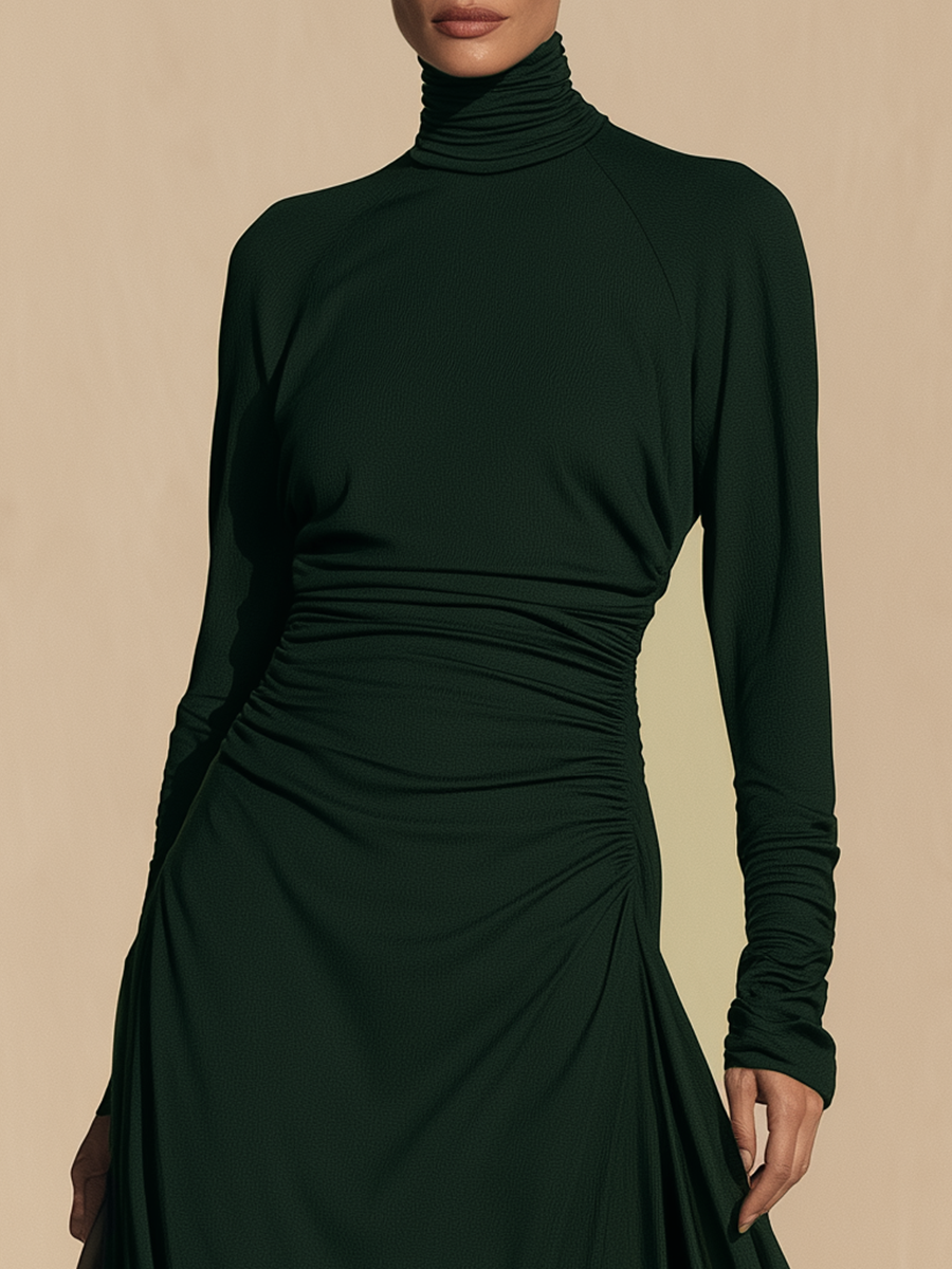 Women's Ruched Turtleneck Long Sleeve Flowing Maxi Dress