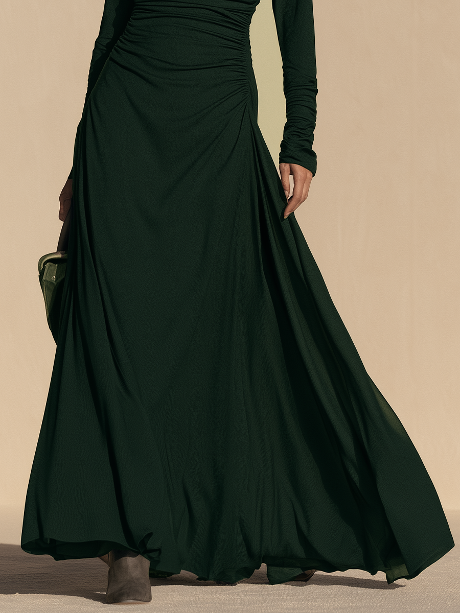 Women's Ruched Turtleneck Long Sleeve Flowing Maxi Dress