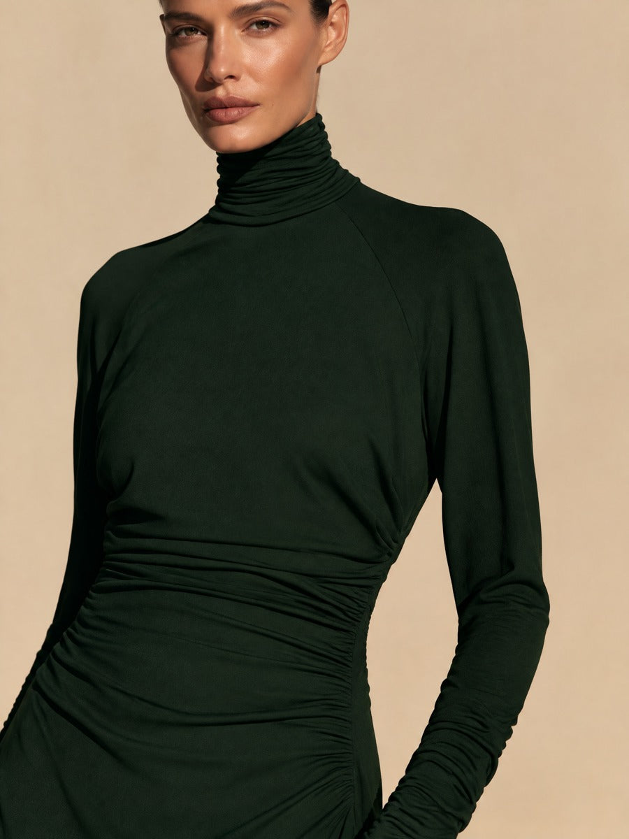 Women's Ruched Turtleneck Long Sleeve Flowing Maxi Dress