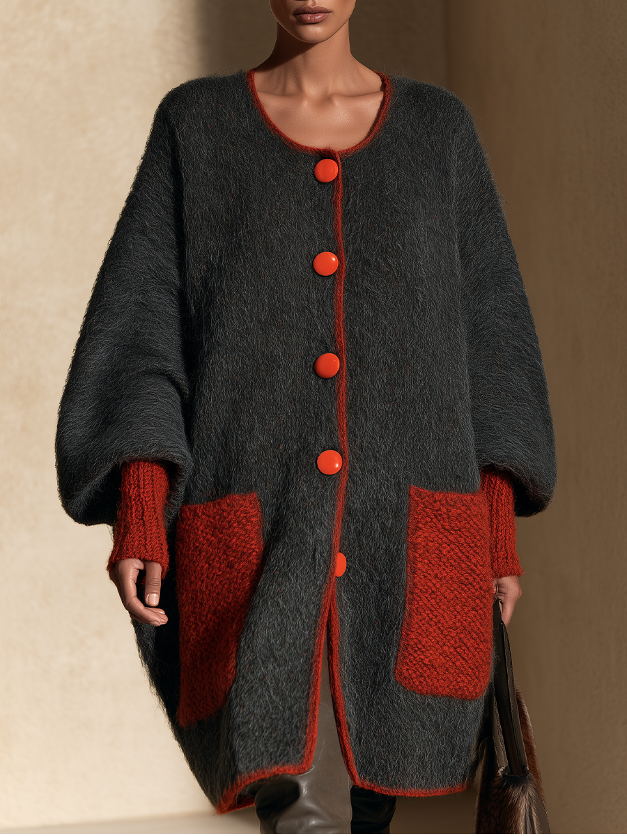 Women's Oversized Knit Cardigan With Contrast Red Pockets And Buttons