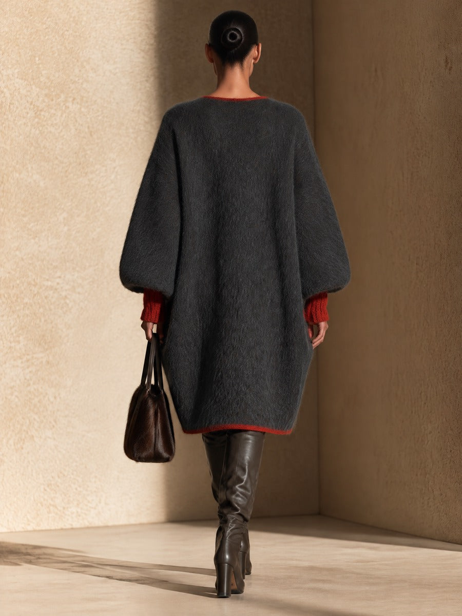 Women's Oversized Knit Cardigan With Contrast Red Pockets And Buttons