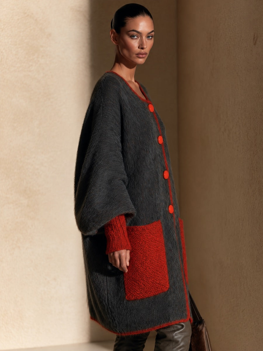 Women's Oversized Knit Cardigan With Contrast Red Pockets And Buttons
