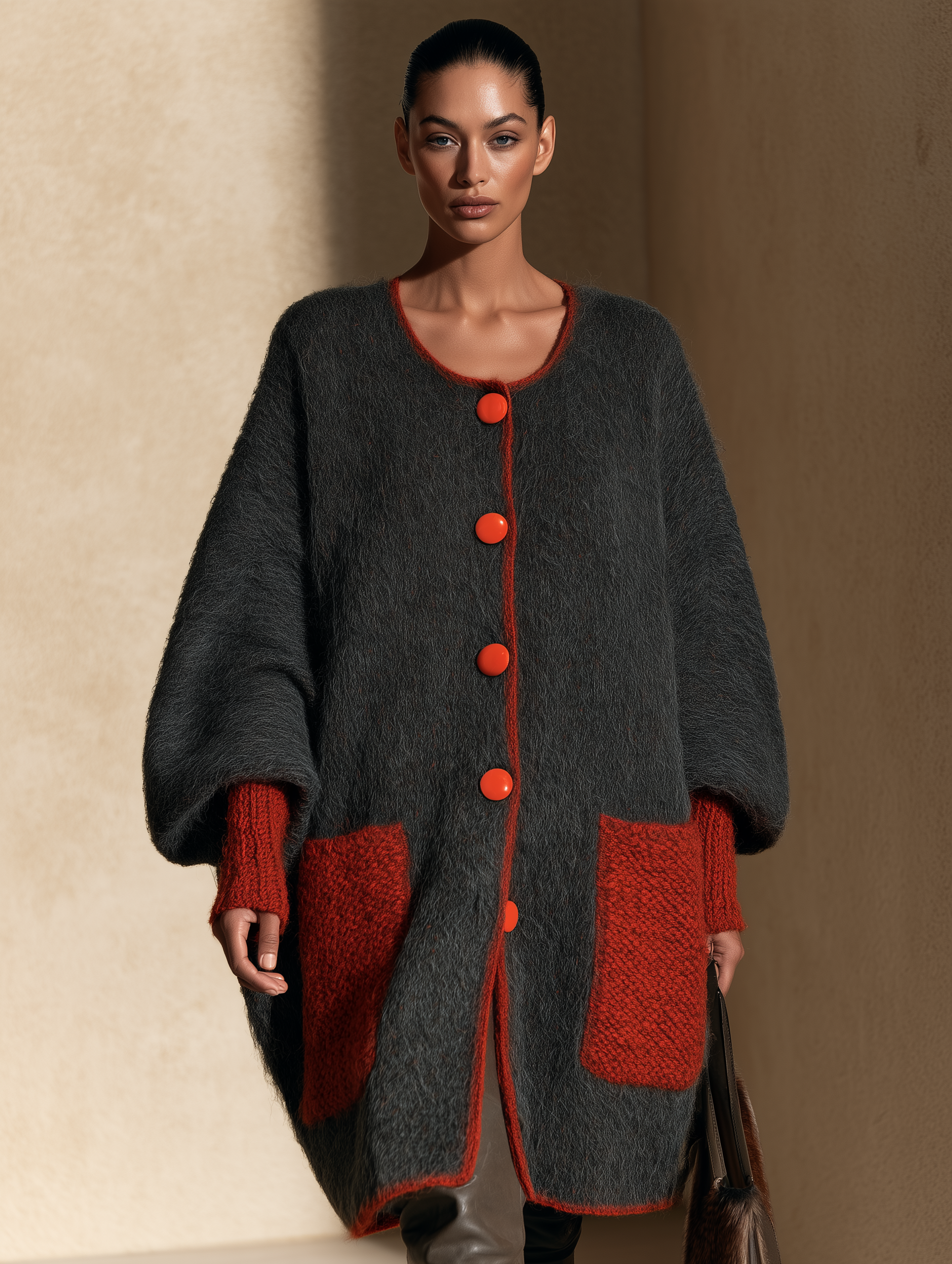 Women's Oversized Knit Cardigan With Contrast Red Pockets And Buttons
